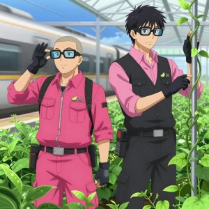An anime scene showing 2 characters. 1. a male anime character with a broad-shouldered build, short buzz-cut hair, clean-shaven, wearing a neatly buttoned work coverall with a full-length zipper and snapped chest pocket, a utility belt with a small battery pack that connects to his eyeglasses, flat chest with no breasts 2. a male anime character with a tall, lean build, short messy hair, clean-shaven, wearing a neatly pressed collared button-up with a vest over top, a utility belt with a small battery pack that connects to his eyeglasses, flat chest with no breasts All characters wear hot pink and black surveying team with a yellow aesthetic. Each character wears two small lapel pins β one showing a tiny lime wedge showing the green rind and pale flesh and one showing a tiny silver key blank with a simple round bow. Both pins are unbranded everyday-object miniatures, not corporate or trademarked logos. One character wears a flat cap. One character has gloves with fingertip sensors. Only one character gestures β the others focus on their tasks without gesturing or pointing. Characters speak to devices, check readings, touch their own fingertips together to transmit data, and wear AR glasses. No character touches a keyboard or looks at a screen. No character waves at the camera. No character faces the viewer directly. The team is cultivating a literal greenhouse in a high-speed rail platform with a train arriving in a blur of silver. Exactly 2 characters in this scene β no more, no fewer. One prunes dead growth to encourage healthy new shoots. One trellises a climbing plant, guiding it along a support with gentle care. No male character wears a skirt, kilt, or apron over pants or formal shirts. Exactly 2 characters total. The image must contain precisely 2 characters.NO TEXT anywhere in this image β no speech bubbles, no word bubbles, no labels, no signs, no writing of any kind. Anime style, vibrant colors, clean composition, cinematic lighting.