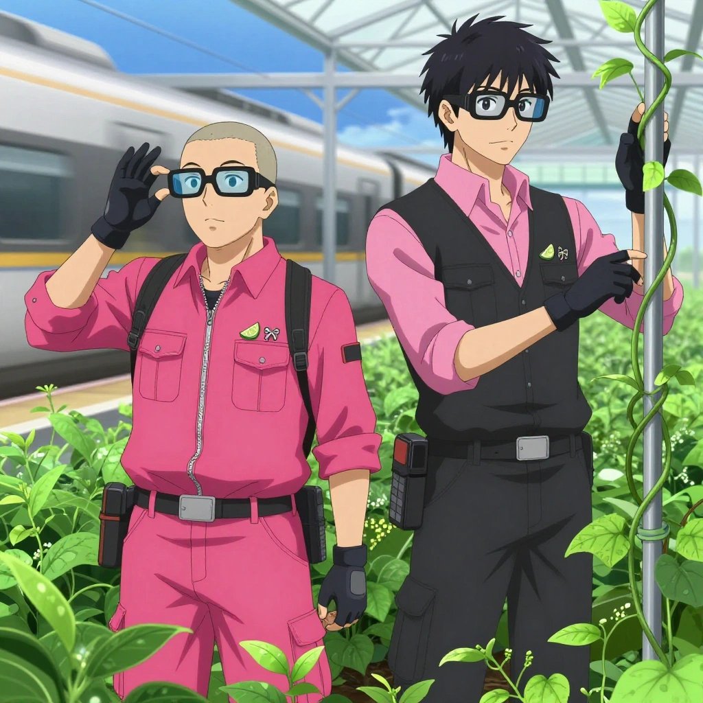 An anime scene showing 2 characters. 1. a male anime character with a broad-shouldered build, short buzz-cut hair, clean-shaven, wearing a neatly buttoned work coverall with a full-length zipper and snapped chest pocket, a utility belt with a small battery pack that connects to his eyeglasses, flat chest with no breasts 2. a male anime character with a tall, lean build, short messy hair, clean-shaven, wearing a neatly pressed collared button-up with a vest over top, a utility belt with a small battery pack that connects to his eyeglasses, flat chest with no breasts All characters wear hot pink and black surveying team with a yellow aesthetic. Each character wears two small lapel pins — one showing a tiny lime wedge showing the green rind and pale flesh and one showing a tiny silver key blank with a simple round bow. Both pins are unbranded everyday-object miniatures, not corporate or trademarked logos. One character wears a flat cap. One character has gloves with fingertip sensors. Only one character gestures — the others focus on their tasks without gesturing or pointing. Characters speak to devices, check readings, touch their own fingertips together to transmit data, and wear AR glasses. No character touches a keyboard or looks at a screen. No character waves at the camera. No character faces the viewer directly. The team is cultivating a literal greenhouse in a high-speed rail platform with a train arriving in a blur of silver. Exactly 2 characters in this scene — no more, no fewer. One prunes dead growth to encourage healthy new shoots. One trellises a climbing plant, guiding it along a support with gentle care. No male character wears a skirt, kilt, or apron over pants or formal shirts. Exactly 2 characters total. The image must contain precisely 2 characters.NO TEXT anywhere in this image — no speech bubbles, no word bubbles, no labels, no signs, no writing of any kind. Anime style, vibrant colors, clean composition, cinematic lighting.