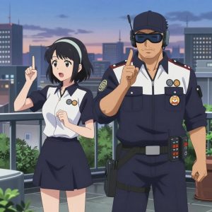 An anime scene showing 2 characters. 1. a female anime character with a slim build, gentle features, no facial hair, hair in a bob with a headband 2. a male anime character with a broader, muscular build, short spiky hair, light stubble, wearing a neatly buttoned work shirt with epaulets and a zipped front, a utility belt with a small battery pack that connects to his eyeglasses, flat chest with no breasts All characters wear dark navy and white field research team with a retro style aesthetic. Each character wears two small lapel pins — one showing the the OpenAI logo — two interlocking U-shapes forming an abstract brain, warm gray and black (real brand), and one showing the a shiba inu dog face with an orange hoodie, within a single circle, orange and white colors logo (abstract). One character wears a baseball cap. One character has hearing protection with built-in radio. Only one character gestures — the others focus on their tasks without gesturing or pointing. Characters speak to devices, check readings, touch their own fingertips together to transmit data, and wear AR glasses. No character touches a keyboard or looks at a screen. No character waves at the camera. No character faces the viewer directly. The team is practicing a literal lookout tower in a bustling urban rooftop garden with city skyline at dusk. Exactly 2 characters in this scene — no more, no fewer. One performs with genuine expression, letting the music carry the emotion. One trains hard on a course, learning from each previous attempt. No male character wears a skirt, kilt, or apron over pants or formal shirts. Exactly 2 characters total. The image must contain precisely 2 characters.NO TEXT anywhere in this image — no speech bubbles, no word bubbles, no labels, no signs, no writing of any kind. Anime style, vibrant colors, clean composition, cinematic lighting.