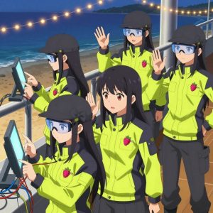 An anime scene showing 1 characters. 1. a female anime character with a petite build, cute face, no facial hair, long hair with a bow hair accessory All characters wear charcoal and neon yellow engineering team with a dark colours aesthetic. Each character wears two small lapel pins β one showing a tiny pink raspberry with a hollow center and one showing a tiny silver safety pin closed into a loop. Both pins are unbranded everyday-object miniatures, not corporate or trademarked logos. One character wears a flat cap. One character has safety goggles with AR overlay lenses. Only one character gestures β the others focus on their tasks without gesturing or pointing. Characters speak to devices, check readings, touch their own fingertips together to transmit data, and wear AR glasses. No character touches a keyboard or looks at a screen. No character waves at the camera. No character faces the viewer directly. The team is programming a literal ski lift in a beachside boardwalk at twilight with string lights and warm sand. Exactly 1 characters in this scene β no more, no fewer. One troubleshoots a flaky network connection, checking configs and physical links. No male character wears a skirt, kilt, or apron over pants or formal shirts. Exactly 1 characters total. The image must contain precisely 1 characters.NO TEXT anywhere in this image β no speech bubbles, no word bubbles, no labels, no signs, no writing of any kind. Anime style, vibrant colors, clean composition, cinematic lighting.