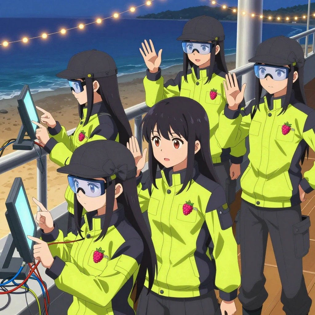An anime scene showing 1 characters. 1. a female anime character with a petite build, cute face, no facial hair, long hair with a bow hair accessory All characters wear charcoal and neon yellow engineering team with a dark colours aesthetic. Each character wears two small lapel pins — one showing a tiny pink raspberry with a hollow center and one showing a tiny silver safety pin closed into a loop. Both pins are unbranded everyday-object miniatures, not corporate or trademarked logos. One character wears a flat cap. One character has safety goggles with AR overlay lenses. Only one character gestures — the others focus on their tasks without gesturing or pointing. Characters speak to devices, check readings, touch their own fingertips together to transmit data, and wear AR glasses. No character touches a keyboard or looks at a screen. No character waves at the camera. No character faces the viewer directly. The team is programming a literal ski lift in a beachside boardwalk at twilight with string lights and warm sand. Exactly 1 characters in this scene — no more, no fewer. One troubleshoots a flaky network connection, checking configs and physical links. No male character wears a skirt, kilt, or apron over pants or formal shirts. Exactly 1 characters total. The image must contain precisely 1 characters.NO TEXT anywhere in this image — no speech bubbles, no word bubbles, no labels, no signs, no writing of any kind. Anime style, vibrant colors, clean composition, cinematic lighting.
