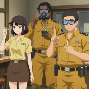 An anime scene showing 3 characters. 1. a female anime character with a slim build, delicate face, no facial hair, short wavy hair with a hair pin 2. a male anime character with a tall, rugged build, short dreadlock hair, thick mustache, wearing a neatly buttoned utility jacket with a mandarin collar and two chest pockets, a utility belt with a small battery pack that connects to his eyeglasses, flat chest with no breasts 3. a male anime character with a broader, muscular build, short spiky hair, light stubble, wearing a neatly buttoned work shirt with epaulets and a zipped front, a utility belt with a small battery pack that connects to his eyeglasses, flat chest with no breasts All characters wear mustard yellow and brown field research team with a secret agent aesthetic. Each character wears two small lapel pins β one showing the the Apple logo β an apple with a bite taken from the right side, metallic silver (real brand), and one showing the stylized H with an open crossbar inside a circle, teal and cyan colors logo (abstract). One character wears a flat cap. One character has compact respirator hanging from a carabiner. Character #3 fingerspelling the letter L β thumb and index finger extended in an L shape, held up clearly, hands large and clearly visible in the foreground. Only one character gestures β the others focus on their tasks without gesturing or pointing. Characters speak to devices, check readings, touch their own fingertips together to transmit data, and wear AR glasses. No character touches a keyboard or looks at a screen. No character waves at the camera. No character faces the viewer directly. The team is treating a literal outpost in a cozy coffee shop interior with warm light and wood tones. Exactly 3 characters in this scene β no more, no fewer. One administers medicine with a precise dose, watching for reactions. One monitors vital signs on equipment, checking readings regularly. One performs a careful examination to determine the cause of symptoms. No male character wears a skirt, kilt, or apron over pants or formal shirts. Exactly 3 characters total. The image must contain precisely 3 characters.NO TEXT anywhere in this image β no speech bubbles, no word bubbles, no labels, no signs, no writing of any kind. Anime style, vibrant colors, clean composition, cinematic lighting.