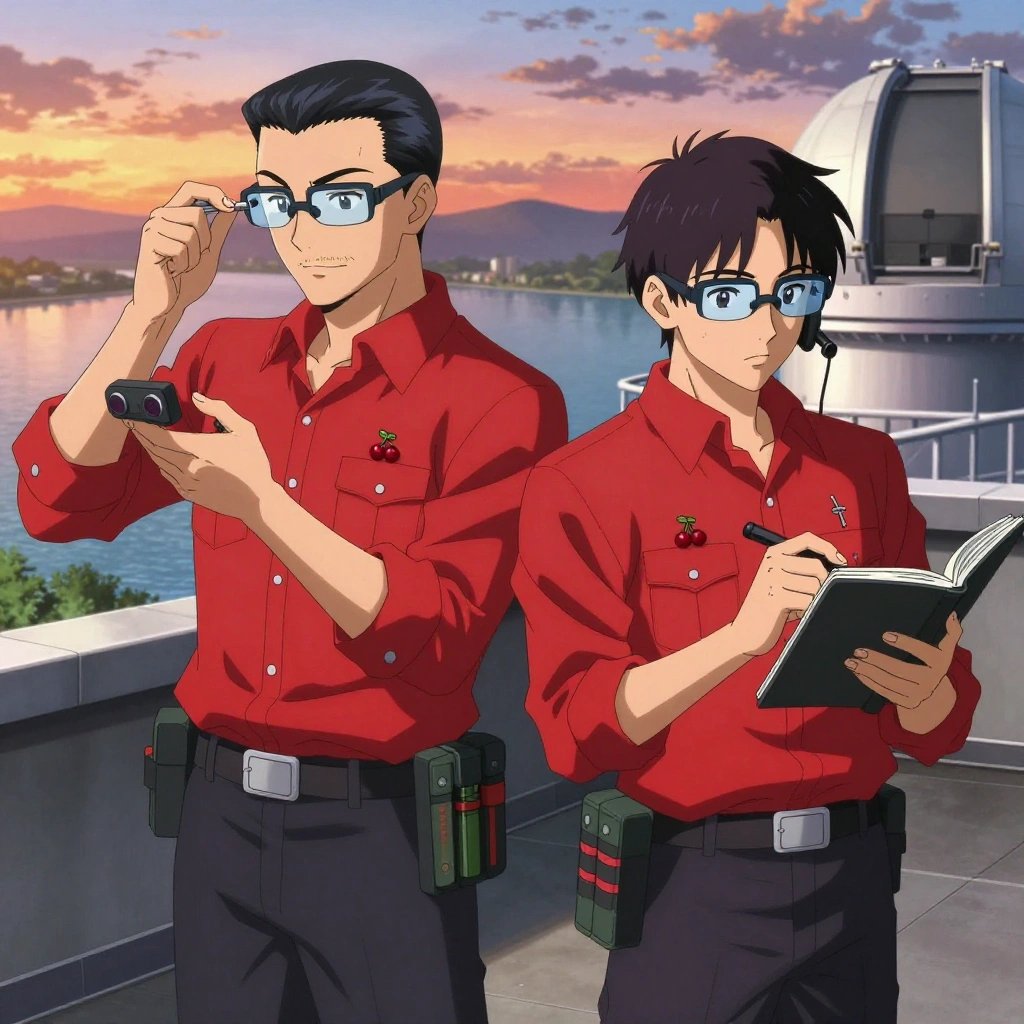 An anime scene showing 2 characters. 1. a male anime character with a fit, medium build, short slicked-back hair, light mustache, wearing a neatly buttoned work polo with a collared neck and buttoned cuffs, a utility belt with a small battery pack that connects to his eyeglasses, flat chest with no breasts 2. a male anime character with a lean, wiry build, short wavy hair, clean-shaven, wearing a neatly buttoned utility shirt with a buttoned collar and chest pockets snapped shut, a utility belt with a small battery pack that connects to his eyeglasses, flat chest with no breasts All characters wear bold red and black scientific expedition team with a croquette soft style aesthetic. Each character wears two small lapel pins — one showing a pair of tiny red cherries joined by a slim green stem and one showing a tiny silver key blank with a simple round bow. Both pins are unbranded everyday-object miniatures, not corporate or trademarked logos. One character wears a flat cap. One character has hearing protection with built-in radio. Only one character gestures — the others focus on their tasks without gesturing or pointing. Characters speak to devices, check readings, touch their own fingertips together to transmit data, and wear AR glasses. No character touches a keyboard or looks at a screen. No character waves at the camera. No character faces the viewer directly. The team is measuring a literal observatory in a rooftop terrace at sunset overlooking a wide river. Exactly 2 characters in this scene — no more, no fewer. One verifies dimensions with a precision tool, comparing to the specification. One takes a precise reading with a calibrated instrument, recording it in a logbook. No male character wears a skirt, kilt, or apron over pants or formal shirts. Exactly 2 characters total. The image must contain precisely 2 characters.NO TEXT anywhere in this image — no speech bubbles, no word bubbles, no labels, no signs, no writing of any kind. Anime style, vibrant colors, clean composition, cinematic lighting.