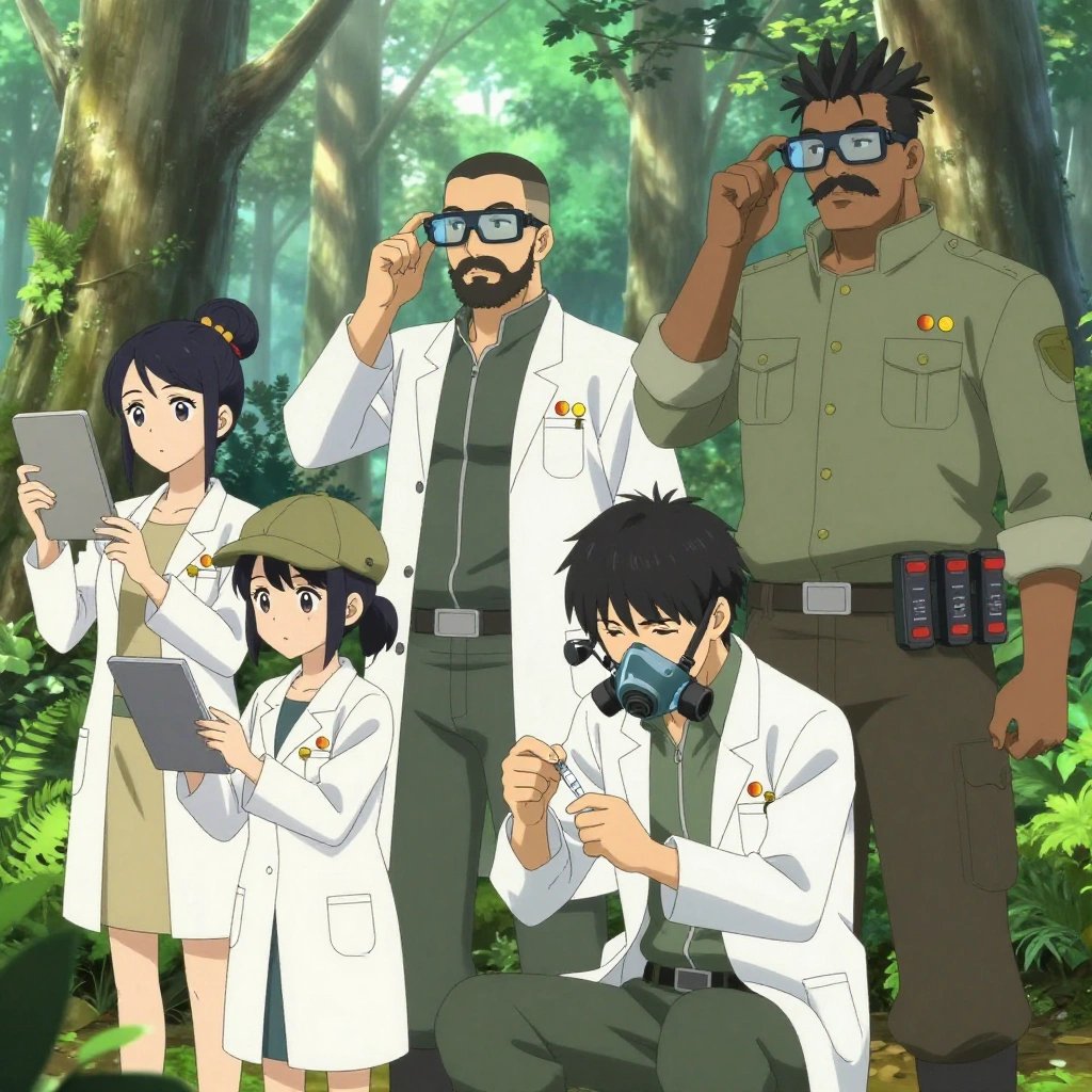 An anime scene showing 4 characters. 1. a female anime character with a small build, no facial hair, hair in a bun with a decorative pin, wearing a skirt 2. a female anime character with a small build, round face, no facial hair, hair in a high ponytail with a bow 3. a male anime character with a stocky, strong build, short undercut hair, full beard, wearing a neatly buttoned work jacket with a full zip front and rolled sleeves, a utility belt with a small battery pack that connects to his eyeglasses, flat chest with no breasts 4. a male anime character with a tall, rugged build, short dreadlock hair, thick mustache, wearing a neatly buttoned utility jacket with a mandarin collar and two chest pockets, a utility belt with a small battery pack that connects to his eyeglasses, flat chest with no breasts All characters wear earthy green and tan medical team (white lab coats) with a maximalist minimalist aesthetic. Each character wears two small lapel pins — one showing a tiny yellow-orange mango with a hint of red blush and one showing a tiny brass thumbtack with a flat head. Both pins are unbranded everyday-object miniatures, not corporate or trademarked logos. One character wears a newsboy cap. One character has compact filtration mask clipped to the belt. Only one character gestures — the others focus on their tasks without gesturing or pointing. Characters speak to devices, check readings, touch their own fingertips together to transmit data, and wear AR glasses. No character touches a keyboard or looks at a screen. No character waves at the camera. No character faces the viewer directly. The team is treating a literal greenhouse in an old-growth forest with shafts of light cutting through the canopy. Exactly 4 characters in this scene — no more, no fewer. One monitors vital signs on equipment, checking readings regularly. One performs a careful examination to determine the cause of symptoms. One carefully cleans and dresses a wound using sterile supplies. One administers medicine with a precise dose, watching for reactions. No male character wears a skirt, kilt, or apron over pants or formal shirts. Exactly 4 characters total. The image must contain precisely 4 characters.NO TEXT anywhere in this image — no speech bubbles, no word bubbles, no labels, no signs, no writing of any kind. Anime style, vibrant colors, clean composition, cinematic lighting.