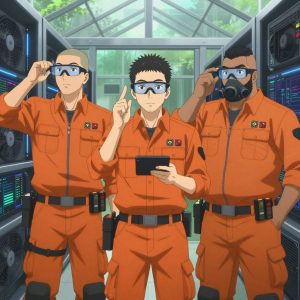 An anime scene showing 3 characters. 1. a male anime character with a broad-shouldered build, short buzz-cut hair, clean-shaven, wearing a neatly buttoned work coverall with a full-length zipper and snapped chest pocket, a utility belt with a small battery pack that connects to his eyeglasses, flat chest with no breasts 2. a male anime character with a lean, medium build, short textured hair, light stubble, wearing a neatly buttoned utility smock with a buttoned collar and chest flaps closed, a utility belt with a small battery pack that connects to his eyeglasses, flat chest with no breasts 3. a male anime character with a stocky, strong build, short undercut hair, full beard, wearing a neatly buttoned work jacket with a full zip front and rolled sleeves, a utility belt with a small battery pack that connects to his eyeglasses, flat chest with no breasts All characters wear warm orange and brown search and rescue team with a spring aesthetic. Each character wears two small lapel pins β one showing the the Stripe logo β two diagonal lines forming a forward slash through a red circle (real brand), and one showing the hexagon-diamond shape with a Y inside, blue and yellow logo (abstract). One character wears a baseball cap. One character has compact filtration mask clipped to the belt. Only one character gestures β the others focus on their tasks without gesturing or pointing. Characters speak to devices, check readings, touch their own fingertips together to transmit data, and wear AR glasses. No character touches a keyboard or looks at a screen. No character waves at the camera. No character faces the viewer directly. The team is programming a literal greenhouse in a high-tech server room humming with cooling fans and blue light. Exactly 3 characters in this scene β no more, no fewer. One deploys an update to production, watching dashboards for anomalies. One writes and tests code, iterating based on what runs correctly. One boots up a cluster and monitors the training job's progress metrics. No male character wears a skirt, kilt, or apron over pants or formal shirts. Exactly 3 characters total. The image must contain precisely 3 characters.NO TEXT anywhere in this image β no speech bubbles, no word bubbles, no labels, no signs, no writing of any kind. Anime style, vibrant colors, clean composition, cinematic lighting.