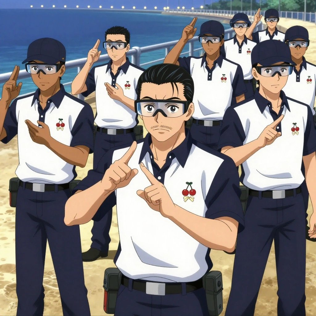 An anime scene showing 1 characters. 1. a male anime character with a fit, medium build, short slicked-back hair, light mustache, wearing a neatly buttoned work polo with a collared neck and buttoned cuffs, a utility belt with a small battery pack that connects to his eyeglasses, flat chest with no breasts All characters wear dark navy and white surveying team with a arcade aesthetic. Each character wears two small lapel pins — one showing a pair of tiny red cherries joined by a slim green stem and one showing a tiny silver key blank with a simple round bow. Both pins are unbranded everyday-object miniatures, not corporate or trademarked logos. One character wears a flat cap. One character has safety goggles with AR overlay lenses. Only one character gestures — the others focus on their tasks without gesturing or pointing. Characters speak to devices, check readings, touch their own fingertips together to transmit data, and wear AR glasses. No character touches a keyboard or looks at a screen. No character waves at the camera. No character faces the viewer directly. The team is practicing a literal aqueduct in a beachside boardwalk at twilight with string lights and warm sand. Exactly 1 characters in this scene — no more, no fewer. One practices a difficult passage with full concentration, building muscle memory. No male character wears a skirt, kilt, or apron over pants or formal shirts. Exactly 1 characters total. The image must contain precisely 1 characters.NO TEXT anywhere in this image — no speech bubbles, no word bubbles, no labels, no signs, no writing of any kind. Anime style, vibrant colors, clean composition, cinematic lighting.