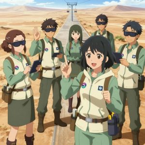An anime scene showing 1 characters. 1. a female anime character with a smaller build, soft smile, no facial hair, hair in loose curls with a small hair clip All characters wear sage green and cream scientific expedition team with a country side aesthetic. Each character wears two small lapel pins β one showing the the Solana logo β a gradient circle with a stylized wave S-mark inside, purple and teal (real brand), and one showing the stylized S or swirl with a vertical line through it, blue and white logo (abstract). One character wears a hoodie. One character has utility sheathes on the belt for hand tools. Only one character gestures β the others focus on their tasks without gesturing or pointing. Characters speak to devices, check readings, touch their own fingertips together to transmit data, and wear AR glasses. No character touches a keyboard or looks at a screen. No character waves at the camera. No character faces the viewer directly. The team is teaching a literal ski lift in a dusty desert road stretching to the horizon under a blazing sun. Exactly 1 characters in this scene β no more, no fewer. One demonstrates a technique with patience, making sure the learner follows each step. No male character wears a skirt, kilt, or apron over pants or formal shirts. Exactly 1 characters total. The image must contain precisely 1 characters.NO TEXT anywhere in this image β no speech bubbles, no word bubbles, no labels, no signs, no writing of any kind. Anime style, vibrant colors, clean composition, cinematic lighting.