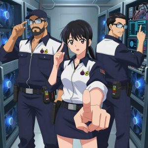An anime scene showing 3 characters. 1. a male anime character with a stocky, strong build, short undercut hair, full beard, wearing a neatly buttoned work jacket with a full zip front and rolled sleeves, a utility belt with a small battery pack that connects to his eyeglasses, flat chest with no breasts 2. a female anime character with a slender build, youthful face, no facial hair, side ponytail with a ribbon 3. a male anime character with a fit, medium build, short slicked-back hair, light mustache, wearing a neatly buttoned work polo with a collared neck and buttoned cuffs, a utility belt with a small battery pack that connects to his eyeglasses, flat chest with no breasts All characters wear dark navy and white surveying team with a 2000s aesthetic. Each character wears two small lapel pins — one showing a tiny deep purple fig with a small green leaf on top and one showing a tiny yellow tape measure coiled into a small circle. Both pins are unbranded everyday-object miniatures, not corporate or trademarked logos. One character wears a baseball cap. One character has utility sheathes on the belt for hand tools. Character #3 making a rock on sign — index and pinky extended, thumb holding down middle and ring fingers, clearly visible, hands large and clearly visible in the foreground. Only one character gestures — the others focus on their tasks without gesturing or pointing. Characters speak to devices, check readings, touch their own fingertips together to transmit data, and wear AR glasses. No character touches a keyboard or looks at a screen. No character waves at the camera. No character faces the viewer directly. The team is programming a literal aqueduct in a high-tech server room humming with cooling fans and blue light. Exactly 3 characters in this scene — no more, no fewer. One boots up a cluster and monitors the training job's progress metrics. One deploys an update to production, watching dashboards for anomalies. One troubleshoots a flaky network connection, checking configs and physical links. No male character wears a skirt, kilt, or apron over pants or formal shirts. Exactly 3 characters total. The image must contain precisely 3 characters.NO TEXT anywhere in this image — no speech bubbles, no word bubbles, no labels, no signs, no writing of any kind. Anime style, vibrant colors, clean composition, cinematic lighting.