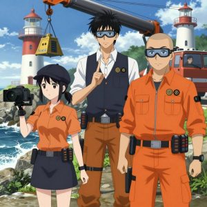 An anime scene showing 3 characters. 1. a female anime character with a slender build, youthful face, no facial hair, side ponytail with a ribbon 2. a male anime character with a tall, lean build, short messy hair, clean-shaven, wearing a neatly pressed collared button-up with a vest over top, a utility belt with a small battery pack that connects to his eyeglasses, flat chest with no breasts 3. a male anime character with a broad-shouldered build, short buzz-cut hair, clean-shaven, wearing a neatly buttoned work coverall with a full-length zipper and snapped chest pocket, a utility belt with a small battery pack that connects to his eyeglasses, flat chest with no breasts All characters wear warm orange and brown hazardous disposal team with a summer sadness aesthetic. Each character wears two small lapel pins β one showing the the OpenAI logo β two interlocking U-shapes forming an abstract brain, warm gray and black (real brand), and one showing the diamond shape with four facets inside a smaller diamond logo (abstract). One character wears a newsboy cap. One character has wrist-mounted calibration scope. Only one character gestures β the others focus on their tasks without gesturing or pointing. Characters speak to devices, check readings, touch their own fingertips together to transmit data, and wear AR glasses. No character touches a keyboard or looks at a screen. No character waves at the camera. No character faces the viewer directly. The team is operating a literal lighthouse in a rocky coastline with waves crashing against dark stone cliffs. Exactly 3 characters in this scene β no more, no fewer. One operates a camera on a stabilized rig, framing the shot perfectly. One controls a crane or lift, moving materials with precision and care. One drives a vehicle steadily along a route, eyes on the road or path. No male character wears a skirt, kilt, or apron over pants or formal shirts. Exactly 3 characters total. The image must contain precisely 3 characters.NO TEXT anywhere in this image β no speech bubbles, no word bubbles, no labels, no signs, no writing of any kind. Anime style, vibrant colors, clean composition, cinematic lighting.