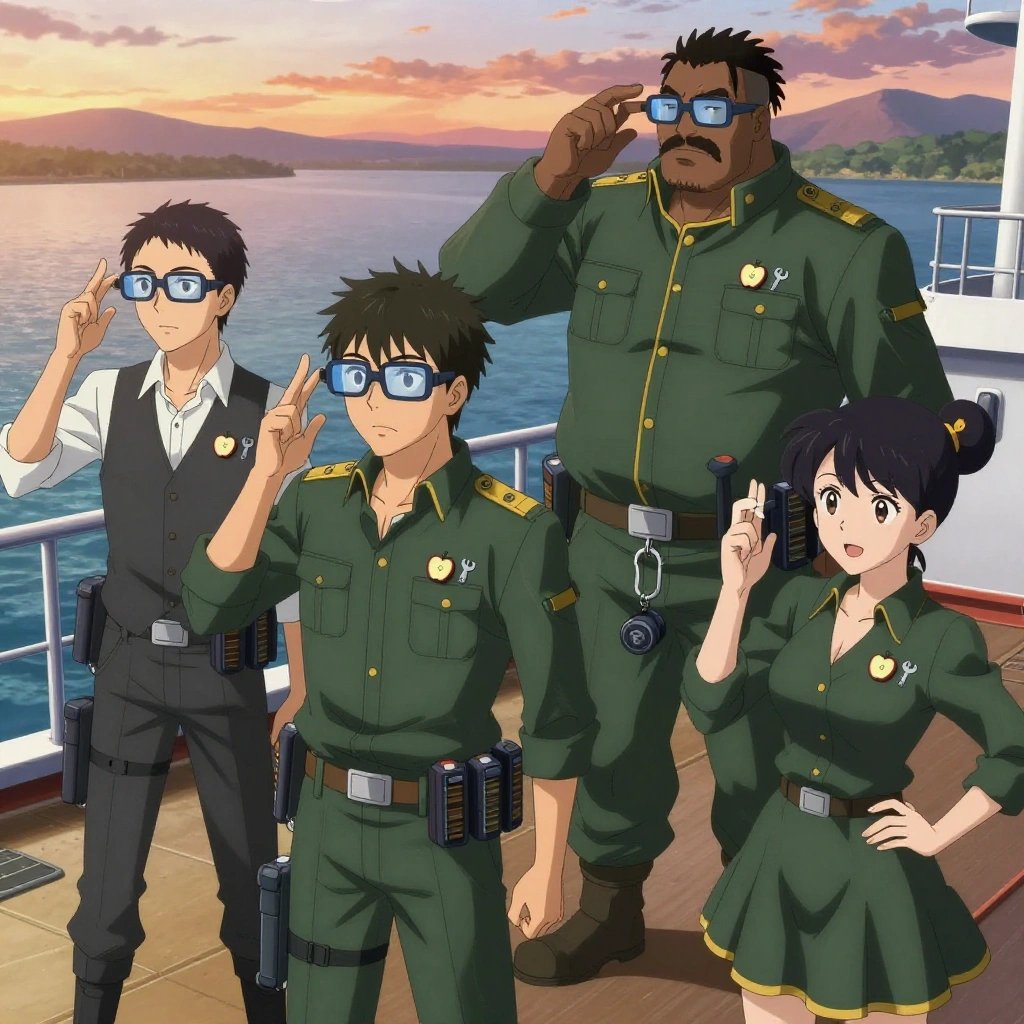 An anime scene showing 4 characters. 1. a male anime character with a tall, lean build, short messy hair, clean-shaven, wearing a neatly pressed collared button-up with a vest over top, a utility belt with a small battery pack that connects to his eyeglasses, flat chest with no breasts 2. a male anime character with a broader, muscular build, short spiky hair, light stubble, wearing a neatly buttoned work shirt with epaulets and a zipped front, a utility belt with a small battery pack that connects to his eyeglasses, flat chest with no breasts 3. a male anime character with a tall, rugged build, short dreadlock hair, thick mustache, wearing a neatly buttoned utility jacket with a mandarin collar and two chest pockets, a utility belt with a small battery pack that connects to his eyeglasses, flat chest with no breasts 4. a female anime character with a small build, no facial hair, hair in a bun with a decorative pin, wearing a skirt All characters wear dark forest green and gold fishing trawler crew with a superhero or supervillain aesthetic. Each character wears two small lapel pins — one showing a tiny apple slice showing the star pattern of seeds in the middle and one showing a tiny silver open-end wrench, miniature. Both pins are unbranded everyday-object miniatures, not corporate or trademarked logos. One character wears a beret. One character has compact respirator hanging from a carabiner. Only one character gestures — the others focus on their tasks without gesturing or pointing. Characters speak to devices, check readings, touch their own fingertips together to transmit data, and wear AR glasses. No character touches a keyboard or looks at a screen. No character waves at the camera. No character faces the viewer directly. The team is practicing a literal ferry in a rooftop terrace at sunset overlooking a wide river. Exactly 4 characters in this scene — no more, no fewer. One performs with genuine expression, letting the music carry the emotion. One practices a difficult passage with full concentration, building muscle memory. One trains hard on a course, learning from each previous attempt. One coaches a teammate on technique with constructive pointers. No male character wears a skirt, kilt, or apron over pants or formal shirts. Exactly 4 characters total. The image must contain precisely 4 characters.NO TEXT anywhere in this image — no speech bubbles, no word bubbles, no labels, no signs, no writing of any kind. Anime style, vibrant colors, clean composition, cinematic lighting.