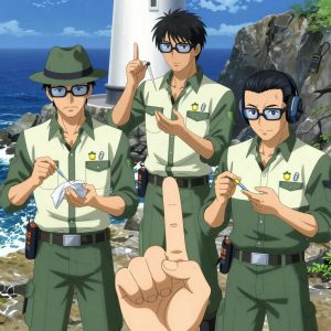 An anime scene showing 3 characters. 1. a male anime character with a lean, medium build, short textured hair, light stubble, wearing a neatly buttoned utility smock with a buttoned collar and chest flaps closed, a utility belt with a small battery pack that connects to his eyeglasses, flat chest with no breasts 2. a male anime character with a taller, athletic build, short hair, subtle facial hair, wearing a neatly buttoned-up collared shirt with sleeves rolled to the elbows, a utility belt with a small battery pack that connects to his eyeglasses, flat chest with no breasts 3. a male anime character with a fit, medium build, short slicked-back hair, light mustache, wearing a neatly buttoned work polo with a collared neck and buttoned cuffs, a utility belt with a small battery pack that connects to his eyeglasses, flat chest with no breasts All characters wear sage green and cream technical repair team with a patterns aesthetic. Each character wears two small lapel pins β one showing a tiny yellow lemon with a small green leaf attached and one showing a tiny silver paperclip. Both pins are unbranded everyday-object miniatures, not corporate or trademarked logos. One character wears a fedora. One character has hearing protection with built-in radio. Character #3 fingerspelling the letter L β thumb and index finger extended in an L shape, held up clearly, hands large and clearly visible in the foreground. Only one character gestures β the others focus on their tasks without gesturing or pointing. Characters speak to devices, check readings, touch their own fingertips together to transmit data, and wear AR glasses. No character touches a keyboard or looks at a screen. No character waves at the camera. No character faces the viewer directly. The team is treating a literal lighthouse in a rocky coastline with waves crashing against dark stone cliffs. Exactly 3 characters in this scene β no more, no fewer. One carefully cleans and dresses a wound using sterile supplies. One administers medicine with a precise dose, watching for reactions. One performs a careful examination to determine the cause of symptoms. No male character wears a skirt, kilt, or apron over pants or formal shirts. Exactly 3 characters total. The image must contain precisely 3 characters.NO TEXT anywhere in this image β no speech bubbles, no word bubbles, no labels, no signs, no writing of any kind. Anime style, vibrant colors, clean composition, cinematic lighting.