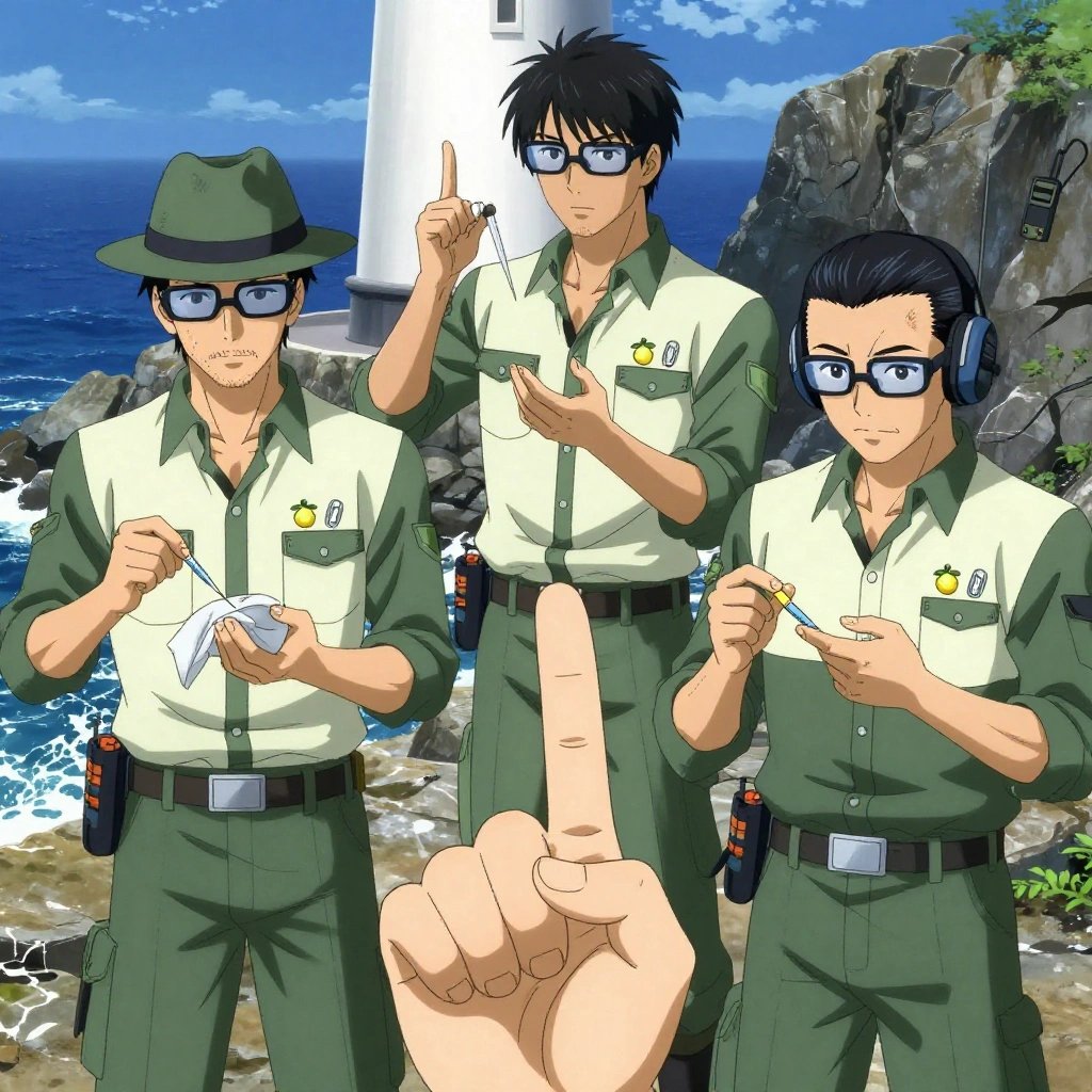 An anime scene showing 3 characters. 1. a male anime character with a lean, medium build, short textured hair, light stubble, wearing a neatly buttoned utility smock with a buttoned collar and chest flaps closed, a utility belt with a small battery pack that connects to his eyeglasses, flat chest with no breasts 2. a male anime character with a taller, athletic build, short hair, subtle facial hair, wearing a neatly buttoned-up collared shirt with sleeves rolled to the elbows, a utility belt with a small battery pack that connects to his eyeglasses, flat chest with no breasts 3. a male anime character with a fit, medium build, short slicked-back hair, light mustache, wearing a neatly buttoned work polo with a collared neck and buttoned cuffs, a utility belt with a small battery pack that connects to his eyeglasses, flat chest with no breasts All characters wear sage green and cream technical repair team with a patterns aesthetic. Each character wears two small lapel pins — one showing a tiny yellow lemon with a small green leaf attached and one showing a tiny silver paperclip. Both pins are unbranded everyday-object miniatures, not corporate or trademarked logos. One character wears a fedora. One character has hearing protection with built-in radio. Character #3 fingerspelling the letter L — thumb and index finger extended in an L shape, held up clearly, hands large and clearly visible in the foreground. Only one character gestures — the others focus on their tasks without gesturing or pointing. Characters speak to devices, check readings, touch their own fingertips together to transmit data, and wear AR glasses. No character touches a keyboard or looks at a screen. No character waves at the camera. No character faces the viewer directly. The team is treating a literal lighthouse in a rocky coastline with waves crashing against dark stone cliffs. Exactly 3 characters in this scene — no more, no fewer. One carefully cleans and dresses a wound using sterile supplies. One administers medicine with a precise dose, watching for reactions. One performs a careful examination to determine the cause of symptoms. No male character wears a skirt, kilt, or apron over pants or formal shirts. Exactly 3 characters total. The image must contain precisely 3 characters.NO TEXT anywhere in this image — no speech bubbles, no word bubbles, no labels, no signs, no writing of any kind. Anime style, vibrant colors, clean composition, cinematic lighting.