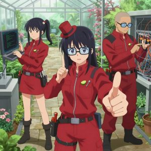 An anime scene showing 3 characters. 1. a female anime character with a petite build, soft features, no facial hair, hair in twin braids with small flower clips 2. a female anime character with a petite build, cute face, no facial hair, long hair with a bow hair accessory 3. a male anime character with a broad-shouldered build, short buzz-cut hair, clean-shaven, wearing a neatly buttoned work coverall with a full-length zipper and snapped chest pocket, a utility belt with a small battery pack that connects to his eyeglasses, flat chest with no breasts All characters wear crimson and charcoal engineering team with a music festival aesthetic. Each character wears two small lapel pins — one showing a tiny lime wedge showing the green rind and pale flesh and one showing a tiny flathead screwdriver with a clear handle. Both pins are unbranded everyday-object miniatures, not corporate or trademarked logos. One character wears a top hat. One character has utility sheathes on the belt for hand tools. Character #3 making a thumbs-up sign — fist with thumb extending upward, clearly visible, hands large and clearly visible in the foreground. Only one character gestures — the others focus on their tasks without gesturing or pointing. Characters speak to devices, check readings, touch their own fingertips together to transmit data, and wear AR glasses. No character touches a keyboard or looks at a screen. No character waves at the camera. No character faces the viewer directly. The team is programming a literal greenhouse in a botanical garden at peak bloom with stone pathways and morning mist. Exactly 3 characters in this scene — no more, no fewer. One boots up a cluster and monitors the training job's progress metrics. One writes and tests code, iterating based on what runs correctly. One troubleshoots a flaky network connection, checking configs and physical links. No male character wears a skirt, kilt, or apron over pants or formal shirts. Exactly 3 characters total. The image must contain precisely 3 characters.NO TEXT anywhere in this image — no speech bubbles, no word bubbles, no labels, no signs, no writing of any kind. Anime style, vibrant colors, clean composition, cinematic lighting.