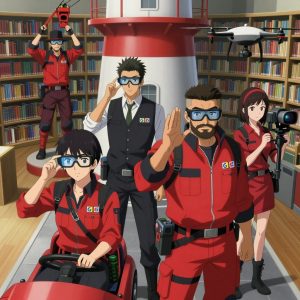 An anime scene showing 4 characters. 1. a male anime character with a tall, sturdy build, short side-part hair, light goatee, wearing a neatly buttoned collared work shirt with sleeves rolled up, a utility belt with a small battery pack that connects to his eyeglasses, flat chest with no breasts 2. a male anime character with a tall, lean build, short messy hair, clean-shaven, wearing a neatly pressed collared button-up with a vest over top, a utility belt with a small battery pack that connects to his eyeglasses, flat chest with no breasts 3. a male anime character with a stocky, strong build, short undercut hair, full beard, wearing a neatly buttoned work jacket with a full zip front and rolled sleeves, a utility belt with a small battery pack that connects to his eyeglasses, flat chest with no breasts 4. a female anime character with a slim build, gentle features, no facial hair, hair in a bob with a headband All characters wear bold red and black hazardous disposal team with a spring aesthetic. Each character wears two small lapel pins β one showing the the Google logo β four colored letters G o o g in bold, blue red yellow blue (real brand), and one showing the stylized S or swirl with a vertical line through it, blue and white logo (abstract). One character wears a top hat. One character has compact filtration mask clipped to the belt. Only one character gestures β the others focus on their tasks without gesturing or pointing. Characters speak to devices, check readings, touch their own fingertips together to transmit data, and wear AR glasses. No character touches a keyboard or looks at a screen. No character waves at the camera. No character faces the viewer directly. The team is operating a literal lighthouse in a quiet library with floor-to-ceiling bookshelves and reading nooks. Exactly 4 characters in this scene β no more, no fewer. One drives a vehicle steadily along a route, eyes on the road or path. One controls a crane or lift, moving materials with precision and care. One pilots a drone through a pre-planned flight path, monitoring telemetry. One operates a camera on a stabilized rig, framing the shot perfectly. No male character wears a skirt, kilt, or apron over pants or formal shirts. Exactly 4 characters total. The image must contain precisely 4 characters.NO TEXT anywhere in this image β no speech bubbles, no word bubbles, no labels, no signs, no writing of any kind. Anime style, vibrant colors, clean composition, cinematic lighting.