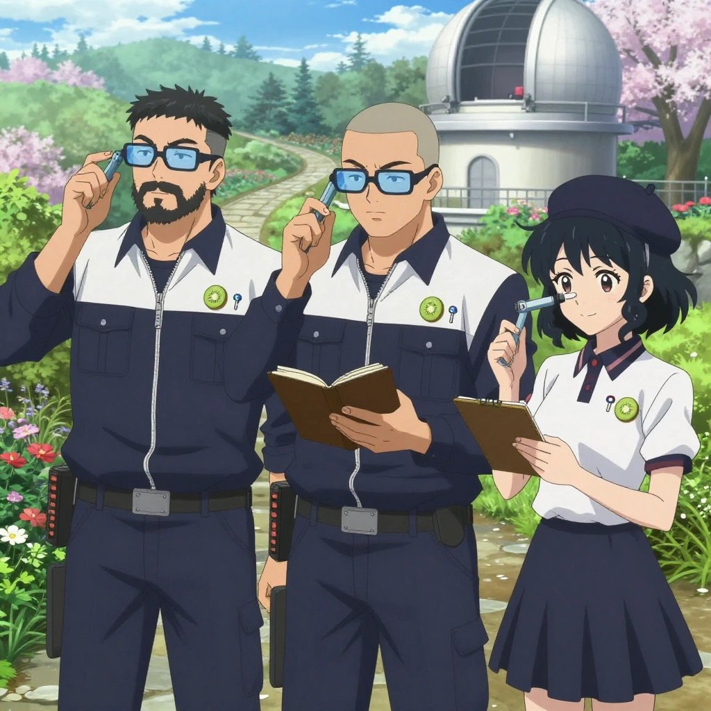An anime scene showing 3 characters. 1. a male anime character with a stocky, strong build, short undercut hair, full beard, wearing a neatly buttoned work jacket with a full zip front and rolled sleeves, a utility belt with a small battery pack that connects to his eyeglasses, flat chest with no breasts 2. a male anime character with a broad-shouldered build, short buzz-cut hair, clean-shaven, wearing a neatly buttoned work coverall with a full-length zipper and snapped chest pocket, a utility belt with a small battery pack that connects to his eyeglasses, flat chest with no breasts 3. a female anime character with a smaller build, soft smile, no facial hair, hair in loose curls with a small hair clip All characters wear dark navy and white maintenance crew with a cheerleader aesthetic. Each character wears two small lapel pins — one showing a tiny kiwi slice showing the green flesh with tiny black seeds and white center and one showing a tiny silver thumbtack with a colored head (red, blue, or yellow). Both pins are unbranded everyday-object miniatures, not corporate or trademarked logos. One character wears a beret. One character has hearing protection with built-in radio. Only one character gestures — the others focus on their tasks without gesturing or pointing. Characters speak to devices, check readings, touch their own fingertips together to transmit data, and wear AR glasses. No character touches a keyboard or looks at a screen. No character waves at the camera. No character faces the viewer directly. The team is measuring a literal observatory in a botanical garden at peak bloom with stone pathways and morning mist. Exactly 3 characters in this scene — no more, no fewer. One monitors a readout while adjusting a dial, watching for the target value. One takes a precise reading with a calibrated instrument, recording it in a logbook. One verifies dimensions with a precision tool, comparing to the specification. No male character wears a skirt, kilt, or apron over pants or formal shirts. Exactly 3 characters total. The image must contain precisely 3 characters.NO TEXT anywhere in this image — no speech bubbles, no word bubbles, no labels, no signs, no writing of any kind. Anime style, vibrant colors, clean composition, cinematic lighting.