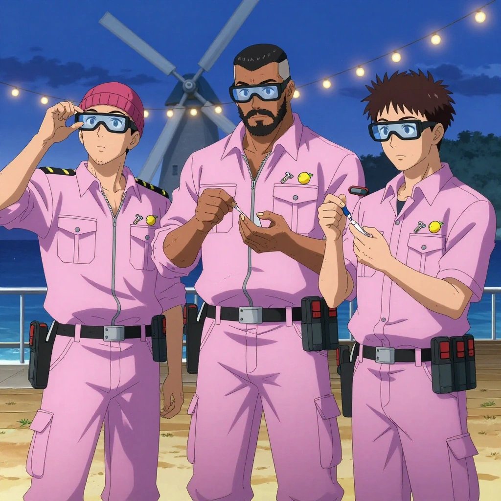 An anime scene showing 3 characters. 1. a male anime character with a broader, muscular build, short spiky hair, light stubble, wearing a neatly buttoned work shirt with epaulets and a zipped front, a utility belt with a small battery pack that connects to his eyeglasses, flat chest with no breasts 2. a male anime character with a stocky, strong build, short undercut hair, full beard, wearing a neatly buttoned work jacket with a full zip front and rolled sleeves, a utility belt with a small battery pack that connects to his eyeglasses, flat chest with no breasts 3. a male anime character with a lean, medium build, short textured hair, light stubble, wearing a neatly buttoned utility smock with a buttoned collar and chest flaps closed, a utility belt with a small battery pack that connects to his eyeglasses, flat chest with no breasts All characters wear pastel pink and lavender field research team with a me in 50 years aesthetic. Each character wears two small lapel pins — one showing a tiny yellow lemon with a small green leaf attached and one showing a tiny flathead screwdriver with a clear handle. Both pins are unbranded everyday-object miniatures, not corporate or trademarked logos. One character wears a beanie. One character has utility sheathes on the belt for hand tools. Only one character gestures — the others focus on their tasks without gesturing or pointing. Characters speak to devices, check readings, touch their own fingertips together to transmit data, and wear AR glasses. No character touches a keyboard or looks at a screen. No character waves at the camera. No character faces the viewer directly. The team is treating a literal windmill in a beachside boardwalk at twilight with string lights and warm sand. Exactly 3 characters in this scene — no more, no fewer. One performs a careful examination to determine the cause of symptoms. One carefully cleans and dresses a wound using sterile supplies. One administers medicine with a precise dose, watching for reactions. No male character wears a skirt, kilt, or apron over pants or formal shirts. Exactly 3 characters total. The image must contain precisely 3 characters.NO TEXT anywhere in this image — no speech bubbles, no word bubbles, no labels, no signs, no writing of any kind. Anime style, vibrant colors, clean composition, cinematic lighting.