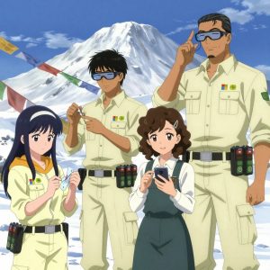 An anime scene showing 4 characters. 1. a female anime character with a petite build, expressive eyes, no facial hair, long straight hair with a ribbon headband 2. a male anime character with a lean, wiry build, short wavy hair, clean-shaven, wearing a neatly buttoned utility shirt with a buttoned collar and chest pockets snapped shut, a utility belt with a small battery pack that connects to his eyeglasses, flat chest with no breasts 3. a female anime character with a smaller build, soft smile, no facial hair, hair in loose curls with a small hair clip 4. a male anime character with a tall, sturdy build, short side-part hair, light goatee, wearing a neatly buttoned collared work shirt with sleeves rolled up, a utility belt with a small battery pack that connects to his eyeglasses, flat chest with no breasts All characters wear light yellow and cream technical repair team with a holiday aesthetic. Each character wears two small lapel pins — one showing the the Microsoft logo — a four-color grid tile: blue red green yellow (real brand), and one showing the lowercase lambda letter in a circle, green logo (abstract). One character wears a hoodie. One character has cooling vest worn under the uniform. Only one character gestures — the others focus on their tasks without gesturing or pointing. Characters speak to devices, check readings, touch their own fingertips together to transmit data, and wear AR glasses. No character touches a keyboard or looks at a screen. No character waves at the camera. No character faces the viewer directly. The team is treating a literal hydroplant in a snowy mountain peak with prayer flags waving in strong wind. Exactly 4 characters in this scene — no more, no fewer. One carefully cleans and dresses a wound using sterile supplies. One administers medicine with a precise dose, watching for reactions. One monitors vital signs on equipment, checking readings regularly. One performs a careful examination to determine the cause of symptoms. No male character wears a skirt, kilt, or apron over pants or formal shirts. Exactly 4 characters total. The image must contain precisely 4 characters.NO TEXT anywhere in this image — no speech bubbles, no word bubbles, no labels, no signs, no writing of any kind. Anime style, vibrant colors, clean composition, cinematic lighting.