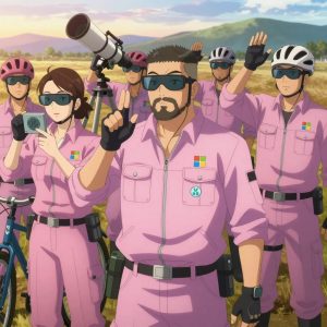 An anime scene showing 1 characters. 1. a male anime character with a stocky, strong build, short undercut hair, full beard, wearing a neatly buttoned work jacket with a full zip front and rolled sleeves, a utility belt with a small battery pack that connects to his eyeglasses, flat chest with no breasts All characters wear pastel pink and lavender fishing trawler crew with a sweetheart aesthetic. Each character wears two small lapel pins — one showing the the Microsoft logo — a four-color grid tile: blue red green yellow (real brand), and one showing the stylized H with an open crossbar inside a circle, teal and cyan colors logo (abstract). One character wears a bicycle helmet. One character has gloves with fingertip sensors. Only one character gestures — the others focus on their tasks without gesturing or pointing. Characters speak to devices, check readings, touch their own fingertips together to transmit data, and wear AR glasses. No character touches a keyboard or looks at a screen. No character waves at the camera. No character faces the viewer directly. The team is treating a literal telescope in an open field at golden hour with distant mountains and dry grass. Exactly 1 characters in this scene — no more, no fewer. One monitors vital signs on equipment, checking readings regularly. No male character wears a skirt, kilt, or apron over pants or formal shirts. Exactly 1 characters total. The image must contain precisely 1 characters.NO TEXT anywhere in this image — no speech bubbles, no word bubbles, no labels, no signs, no writing of any kind. Anime style, vibrant colors, clean composition, cinematic lighting.