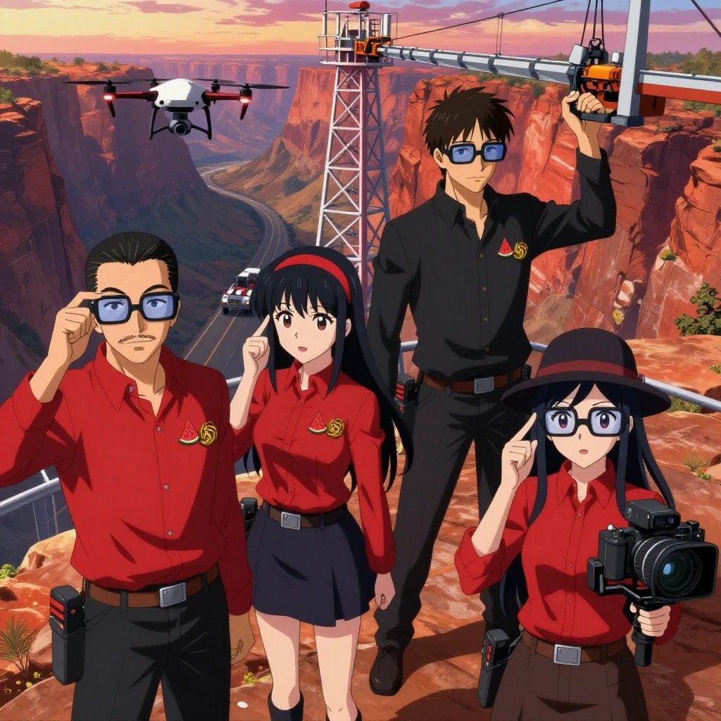 An anime scene showing 4 characters. 1. a male anime character with a fit, medium build, short slicked-back hair, light mustache, wearing a neatly buttoned work polo with a collared neck and buttoned cuffs, a utility belt with a small battery pack that connects to his eyeglasses, flat chest with no breasts 2. a female anime character with a petite build, expressive eyes, no facial hair, long straight hair with a ribbon headband 3. a male anime character with a tall, lean build, short messy hair, clean-shaven, wearing a neatly pressed collared button-up with a vest over top, a utility belt with a small battery pack that connects to his eyeglasses, flat chest with no breasts 4. a female anime character with a smaller build, cute face, no facial hair, long hair with a ribbon tied at the end All characters wear bold red and black surveying team with a renaissance aesthetic. Each character wears two small lapel pins — one showing a tiny watermelon slice showing the red flesh, black seeds, and green rind and one showing a tiny dense ball of tangled yellow and tan rubber bands. Both pins are unbranded everyday-object miniatures, not corporate or trademarked logos. One character wears a fedora. One character has fingertip caps for precision work. Only one character gestures — the others focus on their tasks without gesturing or pointing. Characters speak to devices, check readings, touch their own fingertips together to transmit data, and wear AR glasses. No character touches a keyboard or looks at a screen. No character waves at the camera. No character faces the viewer directly. The team is operating a literal radio tower in a wide canyon with layered red rock walls glowing at sunset. Exactly 4 characters in this scene — no more, no fewer. One pilots a drone through a pre-planned flight path, monitoring telemetry. One drives a vehicle steadily along a route, eyes on the road or path. One controls a crane or lift, moving materials with precision and care. One operates a camera on a stabilized rig, framing the shot perfectly. No male character wears a skirt, kilt, or apron over pants or formal shirts. Exactly 4 characters total. The image must contain precisely 4 characters.NO TEXT anywhere in this image — no speech bubbles, no word bubbles, no labels, no signs, no writing of any kind. Anime style, vibrant colors, clean composition, cinematic lighting.