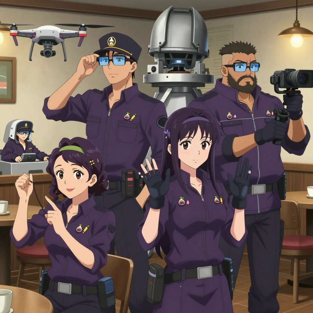 An anime scene showing 4 characters. 1. a female anime character with a smaller build, soft smile, no facial hair, hair in loose curls with a small hair clip 2. a male anime character with a taller, athletic build, short hair, subtle facial hair, wearing a neatly buttoned-up collared shirt with sleeves rolled to the elbows, a utility belt with a small battery pack that connects to his eyeglasses, flat chest with no breasts 3. a female anime character with a petite build, expressive eyes, no facial hair, long straight hair with a ribbon headband 4. a male anime character with a stocky, strong build, short undercut hair, full beard, wearing a neatly buttoned work jacket with a full zip front and rolled sleeves, a utility belt with a small battery pack that connects to his eyeglasses, flat chest with no breasts All characters wear dark purple and silver field research team with a tea party aesthetic. Each character wears two small lapel pins — one showing a tiny deep purple fig with a small green leaf on top and one showing a tiny sharpened yellow pencil with a pink eraser. Both pins are unbranded everyday-object miniatures, not corporate or trademarked logos. One character wears a captain's hat. One character has gloves with fingertip sensors. Only one character gestures — the others focus on their tasks without gesturing or pointing. Characters speak to devices, check readings, touch their own fingertips together to transmit data, and wear AR glasses. No character touches a keyboard or looks at a screen. No character waves at the camera. No character faces the viewer directly. The team is operating a literal observatory in a cozy coffee shop interior with warm light and wood tones. Exactly 4 characters in this scene — no more, no fewer. One pilots a drone through a pre-planned flight path, monitoring telemetry. One controls a crane or lift, moving materials with precision and care. One drives a vehicle steadily along a route, eyes on the road or path. One operates a camera on a stabilized rig, framing the shot perfectly. No male character wears a skirt, kilt, or apron over pants or formal shirts. Exactly 4 characters total. The image must contain precisely 4 characters.NO TEXT anywhere in this image — no speech bubbles, no word bubbles, no labels, no signs, no writing of any kind. Anime style, vibrant colors, clean composition, cinematic lighting.