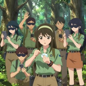 An anime scene showing 1 characters. 1. a female anime character with a petite build, expressive eyes, no facial hair, long straight hair with a ribbon headband All characters wear earthy green and tan surveying team with a highschool aesthetic. Each character wears two small lapel pins β one showing the the Meta logo β a blue geometric shape like a paper airplane pointing up-right (real brand), and one showing the hexagon-diamond shape with a Y inside, blue and yellow logo (abstract). One character wears a beret. One character has magnetic screwdriver wristband. Only one character gestures β the others focus on their tasks without gesturing or pointing. Characters speak to devices, check readings, touch their own fingertips together to transmit data, and wear AR glasses. No character touches a keyboard or looks at a screen. No character waves at the camera. No character faces the viewer directly. The team is treating a literal coastguard in an old-growth forest with shafts of light cutting through the canopy. Exactly 1 characters in this scene β no more, no fewer. One carefully cleans and dresses a wound using sterile supplies. No male character wears a skirt, kilt, or apron over pants or formal shirts. Exactly 1 characters total. The image must contain precisely 1 characters.NO TEXT anywhere in this image β no speech bubbles, no word bubbles, no labels, no signs, no writing of any kind. Anime style, vibrant colors, clean composition, cinematic lighting.
