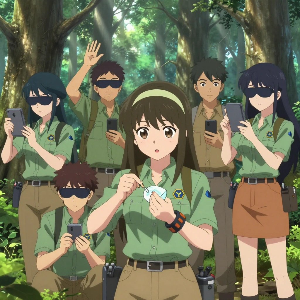 An anime scene showing 1 characters. 1. a female anime character with a petite build, expressive eyes, no facial hair, long straight hair with a ribbon headband All characters wear earthy green and tan surveying team with a highschool aesthetic. Each character wears two small lapel pins — one showing the the Meta logo — a blue geometric shape like a paper airplane pointing up-right (real brand), and one showing the hexagon-diamond shape with a Y inside, blue and yellow logo (abstract). One character wears a beret. One character has magnetic screwdriver wristband. Only one character gestures — the others focus on their tasks without gesturing or pointing. Characters speak to devices, check readings, touch their own fingertips together to transmit data, and wear AR glasses. No character touches a keyboard or looks at a screen. No character waves at the camera. No character faces the viewer directly. The team is treating a literal coastguard in an old-growth forest with shafts of light cutting through the canopy. Exactly 1 characters in this scene — no more, no fewer. One carefully cleans and dresses a wound using sterile supplies. No male character wears a skirt, kilt, or apron over pants or formal shirts. Exactly 1 characters total. The image must contain precisely 1 characters.NO TEXT anywhere in this image — no speech bubbles, no word bubbles, no labels, no signs, no writing of any kind. Anime style, vibrant colors, clean composition, cinematic lighting.