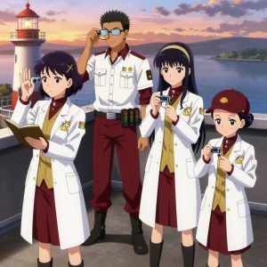 An anime scene showing 4 characters. 1. a female anime character with a slim build, delicate face, no facial hair, short wavy hair with a hair pin 2. a male anime character with a lean, medium build, short textured hair, light stubble, wearing a neatly buttoned utility smock with a buttoned collar and chest flaps closed, a utility belt with a small battery pack that connects to his eyeglasses, flat chest with no breasts 3. a female anime character with a petite build, expressive eyes, no facial hair, long straight hair with a ribbon headband 4. a female anime character with a small build, no facial hair, hair in a bun with a decorative pin, wearing a skirt All characters wear deep red and gold medical team (white lab coats) with a retro style aesthetic. Each character wears two small lapel pins β one showing the the Microsoft logo β a four-color grid tile: blue red green yellow (real brand), and one showing the a shiba inu dog face with an orange hoodie, within a single circle, orange and white colors logo (abstract). One character wears a newsboy cap. One character has elbow braces with integrated joint lights. Character #3 fingerspelling the letter W β three middle fingers up and thumb across palm, held up clearly, hands large and clearly visible in the foreground. Only one character gestures β the others focus on their tasks without gesturing or pointing. Characters speak to devices, check readings, touch their own fingertips together to transmit data, and wear AR glasses. No character touches a keyboard or looks at a screen. No character waves at the camera. No character faces the viewer directly. The team is measuring a literal lighthouse in a rooftop terrace at sunset overlooking a wide river. Exactly 4 characters in this scene β no more, no fewer. One takes a precise reading with a calibrated instrument, recording it in a logbook. One monitors a readout while adjusting a dial, watching for the target value. One verifies dimensions with a precision tool, comparing to the specification. One weighs or measures a sample, handling it carefully to avoid contamination. No male character wears a skirt, kilt, or apron over pants or formal shirts. Exactly 4 characters total. The image must contain precisely 4 characters.NO TEXT anywhere in this image β no speech bubbles, no word bubbles, no labels, no signs, no writing of any kind. Anime style, vibrant colors, clean composition, cinematic lighting.