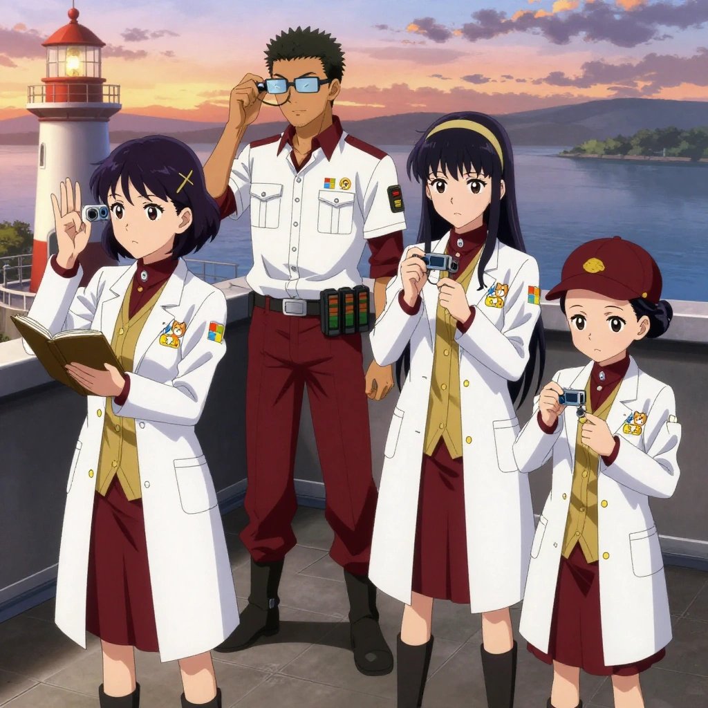 An anime scene showing 4 characters. 1. a female anime character with a slim build, delicate face, no facial hair, short wavy hair with a hair pin 2. a male anime character with a lean, medium build, short textured hair, light stubble, wearing a neatly buttoned utility smock with a buttoned collar and chest flaps closed, a utility belt with a small battery pack that connects to his eyeglasses, flat chest with no breasts 3. a female anime character with a petite build, expressive eyes, no facial hair, long straight hair with a ribbon headband 4. a female anime character with a small build, no facial hair, hair in a bun with a decorative pin, wearing a skirt All characters wear deep red and gold medical team (white lab coats) with a retro style aesthetic. Each character wears two small lapel pins — one showing the the Microsoft logo — a four-color grid tile: blue red green yellow (real brand), and one showing the a shiba inu dog face with an orange hoodie, within a single circle, orange and white colors logo (abstract). One character wears a newsboy cap. One character has elbow braces with integrated joint lights. Character #3 fingerspelling the letter W — three middle fingers up and thumb across palm, held up clearly, hands large and clearly visible in the foreground. Only one character gestures — the others focus on their tasks without gesturing or pointing. Characters speak to devices, check readings, touch their own fingertips together to transmit data, and wear AR glasses. No character touches a keyboard or looks at a screen. No character waves at the camera. No character faces the viewer directly. The team is measuring a literal lighthouse in a rooftop terrace at sunset overlooking a wide river. Exactly 4 characters in this scene — no more, no fewer. One takes a precise reading with a calibrated instrument, recording it in a logbook. One monitors a readout while adjusting a dial, watching for the target value. One verifies dimensions with a precision tool, comparing to the specification. One weighs or measures a sample, handling it carefully to avoid contamination. No male character wears a skirt, kilt, or apron over pants or formal shirts. Exactly 4 characters total. The image must contain precisely 4 characters.NO TEXT anywhere in this image — no speech bubbles, no word bubbles, no labels, no signs, no writing of any kind. Anime style, vibrant colors, clean composition, cinematic lighting.