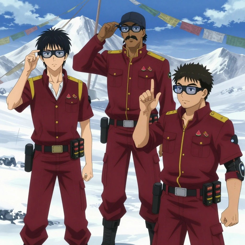An anime scene showing 3 characters. 1. a male anime character with a tall, lean build, short messy hair, clean-shaven, wearing a neatly pressed collared button-up with a vest over top, a utility belt with a small battery pack that connects to his eyeglasses, flat chest with no breasts 2. a male anime character with a tall, rugged build, short dreadlock hair, thick mustache, wearing a neatly buttoned utility jacket with a mandarin collar and two chest pockets, a utility belt with a small battery pack that connects to his eyeglasses, flat chest with no breasts 3. a male anime character with a broader, muscular build, short spiky hair, light stubble, wearing a neatly buttoned work shirt with epaulets and a zipped front, a utility belt with a small battery pack that connects to his eyeglasses, flat chest with no breasts All characters wear deep red and gold hazardous disposal team with a gothic aesthetic. Each character wears two small lapel pins — one showing a tiny watermelon slice showing the red flesh, black seeds, and green rind and one showing a tiny brass thumbtack with a flat head. Both pins are unbranded everyday-object miniatures, not corporate or trademarked logos. One character wears a flat cap. One character has elbow braces with integrated joint lights. Only one character gestures — the others focus on their tasks without gesturing or pointing. Characters speak to devices, check readings, touch their own fingertips together to transmit data, and wear AR glasses. No character touches a keyboard or looks at a screen. No character waves at the camera. No character faces the viewer directly. The team is practicing a literal outpost in a snowy mountain peak with prayer flags waving in strong wind. Exactly 3 characters in this scene — no more, no fewer. One trains hard on a course, learning from each previous attempt. One performs with genuine expression, letting the music carry the emotion. One coaches a teammate on technique with constructive pointers. No male character wears a skirt, kilt, or apron over pants or formal shirts. Exactly 3 characters total. The image must contain precisely 3 characters.NO TEXT anywhere in this image — no speech bubbles, no word bubbles, no labels, no signs, no writing of any kind. Anime style, vibrant colors, clean composition, cinematic lighting.