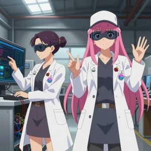 An anime scene showing 2 characters. 1. a female anime character with a small build, no facial hair, hair in a bun with a decorative pin, wearing a skirt 2. a female anime character with a petite build, expressive eyes, no facial hair, long straight hair with a ribbon headband All characters wear muted rose and gray medical team (white lab coats) with a y2k aesthetic. Each character wears two small lapel pins — one showing the the Apple logo — an apple with a bite taken from the right side, metallic silver (real brand), and one showing the gradient circle with a stylized wave S-mark inside logo (abstract). One character wears a baseball cap. One character has utility sheathes on the belt for hand tools. Only one character gestures — the others focus on their tasks without gesturing or pointing. Characters speak to devices, check readings, touch their own fingertips together to transmit data, and wear AR glasses. No character touches a keyboard or looks at a screen. No character waves at the camera. No character faces the viewer directly. The team is programming a literal coastguard in an industrial warehouse with natural light streaming through skylights. Exactly 2 characters in this scene — no more, no fewer. One deploys an update to production, watching dashboards for anomalies. One troubleshoots a flaky network connection, checking configs and physical links. No male character wears a skirt, kilt, or apron over pants or formal shirts. Exactly 2 characters total. The image must contain precisely 2 characters.NO TEXT anywhere in this image — no speech bubbles, no word bubbles, no labels, no signs, no writing of any kind. Anime style, vibrant colors, clean composition, cinematic lighting.