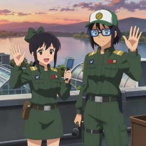 An anime scene showing 2 characters. 1. a female anime character with a small build, round face, no facial hair, hair in a high ponytail with a bow 2. a female anime character with a slim build, gentle features, no facial hair, hair in a bob with a headband All characters wear dark forest green and gold search and rescue team with a happy aesthetic. Each character wears two small lapel pins β one showing the the Stripe logo β two diagonal lines forming a forward slash through a red circle (real brand), and one showing the uppercase B with two crossed vertical lines through it logo (abstract). One character wears a baseball cap. One character has wrist-mounted calibration scope. Only one character gestures β the others focus on their tasks without gesturing or pointing. Characters speak to devices, check readings, touch their own fingertips together to transmit data, and wear AR glasses. No character touches a keyboard or looks at a screen. No character waves at the camera. No character faces the viewer directly. The team is measuring a literal greenhouse in a rooftop terrace at sunset overlooking a wide river. Exactly 2 characters in this scene β no more, no fewer. One verifies dimensions with a precision tool, comparing to the specification. One weighs or measures a sample, handling it carefully to avoid contamination. No male character wears a skirt, kilt, or apron over pants or formal shirts. Exactly 2 characters total. The image must contain precisely 2 characters.NO TEXT anywhere in this image β no speech bubbles, no word bubbles, no labels, no signs, no writing of any kind. Anime style, vibrant colors, clean composition, cinematic lighting.