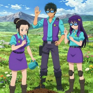 An anime scene showing 3 characters. 1. a female anime character with a small build, no facial hair, hair in a bun with a decorative pin, wearing a skirt 2. a male anime character with a tall, lean build, short messy hair, clean-shaven, wearing a neatly pressed collared button-up with a vest over top, a utility belt with a small battery pack that connects to his eyeglasses, flat chest with no breasts 3. a female anime character with a petite build, cute face, no facial hair, long hair with a bow hair accessory All characters wear electric purple and cyan fishing trawler crew with a museum vault aesthetic. Each character wears two small lapel pins β one showing a tiny green pear with a brown stem and one showing a tiny silver key blank with a simple round bow. Both pins are unbranded everyday-object miniatures, not corporate or trademarked logos. One character wears a beanie. One character has knee pads with built-in tool pouches. Only one character gestures β the others focus on their tasks without gesturing or pointing. Characters speak to devices, check readings, touch their own fingertips together to transmit data, and wear AR glasses. No character touches a keyboard or looks at a screen. No character waves at the camera. No character faces the viewer directly. The team is cultivating a literal windmill in a high alpine meadow in full summer bloom with mountain peaks beyond. Exactly 3 characters in this scene β no more, no fewer. One applies fertilizer in careful doses around the root zone. One waters a young seedling by hand, checking soil moisture first. One prunes dead growth to encourage healthy new shoots. No male character wears a skirt, kilt, or apron over pants or formal shirts. Exactly 3 characters total. The image must contain precisely 3 characters.NO TEXT anywhere in this image β no speech bubbles, no word bubbles, no labels, no signs, no writing of any kind. Anime style, vibrant colors, clean composition, cinematic lighting.