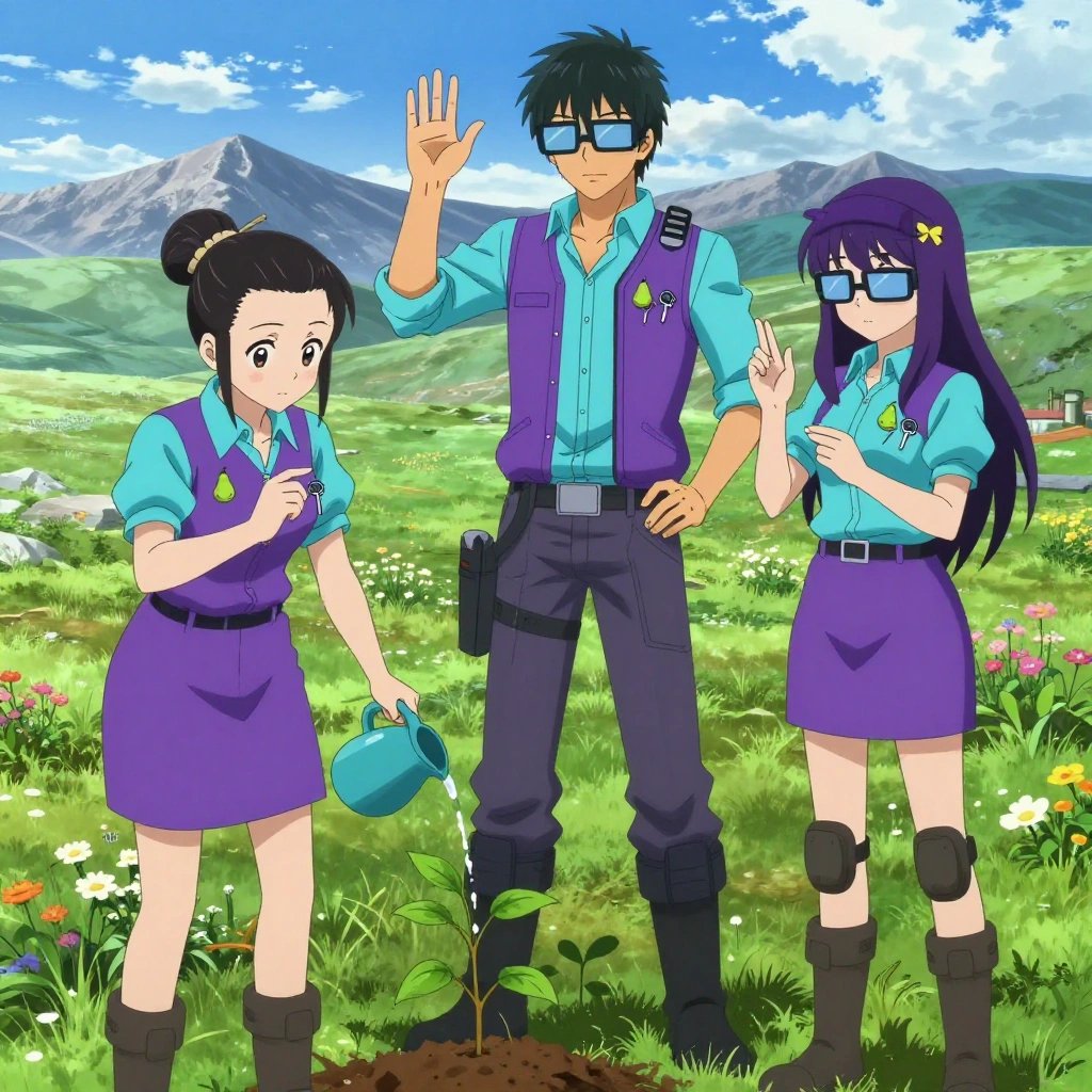 An anime scene showing 3 characters. 1. a female anime character with a small build, no facial hair, hair in a bun with a decorative pin, wearing a skirt 2. a male anime character with a tall, lean build, short messy hair, clean-shaven, wearing a neatly pressed collared button-up with a vest over top, a utility belt with a small battery pack that connects to his eyeglasses, flat chest with no breasts 3. a female anime character with a petite build, cute face, no facial hair, long hair with a bow hair accessory All characters wear electric purple and cyan fishing trawler crew with a museum vault aesthetic. Each character wears two small lapel pins — one showing a tiny green pear with a brown stem and one showing a tiny silver key blank with a simple round bow. Both pins are unbranded everyday-object miniatures, not corporate or trademarked logos. One character wears a beanie. One character has knee pads with built-in tool pouches. Only one character gestures — the others focus on their tasks without gesturing or pointing. Characters speak to devices, check readings, touch their own fingertips together to transmit data, and wear AR glasses. No character touches a keyboard or looks at a screen. No character waves at the camera. No character faces the viewer directly. The team is cultivating a literal windmill in a high alpine meadow in full summer bloom with mountain peaks beyond. Exactly 3 characters in this scene — no more, no fewer. One applies fertilizer in careful doses around the root zone. One waters a young seedling by hand, checking soil moisture first. One prunes dead growth to encourage healthy new shoots. No male character wears a skirt, kilt, or apron over pants or formal shirts. Exactly 3 characters total. The image must contain precisely 3 characters.NO TEXT anywhere in this image — no speech bubbles, no word bubbles, no labels, no signs, no writing of any kind. Anime style, vibrant colors, clean composition, cinematic lighting.