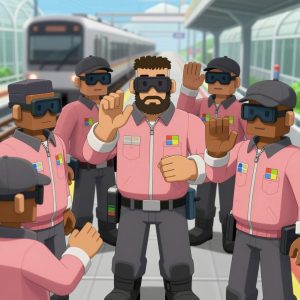 An anime scene showing 1 characters. 1. a male anime character with a stocky, strong build, short undercut hair, full beard, wearing a neatly buttoned work jacket with a full zip front and rolled sleeves, a utility belt with a small battery pack that connects to his eyeglasses, flat chest with no breasts All characters wear muted rose and gray surveying team with a roblox avatar aesthetic. Each character wears two small lapel pins — one showing the the Microsoft logo — a four-color grid tile: blue red green yellow (real brand), and one showing the stylized S or swirl with a vertical line through it, blue and white logo (abstract). One character wears a newsboy cap. One character has calibrated ankle strap for terrain mapping. Only one character gestures — the others focus on their tasks without gesturing or pointing. Characters speak to devices, check readings, touch their own fingertips together to transmit data, and wear AR glasses. No character touches a keyboard or looks at a screen. No character waves at the camera. No character faces the viewer directly. The team is teaching a literal greenhouse in a high-speed rail platform with a train arriving in a blur of silver. Exactly 1 characters in this scene — no more, no fewer. One demonstrates a technique with patience, making sure the learner follows each step. No male character wears a skirt, kilt, or apron over pants or formal shirts. Exactly 1 characters total. The image must contain precisely 1 characters.NO TEXT anywhere in this image — no speech bubbles, no word bubbles, no labels, no signs, no writing of any kind. Anime style, vibrant colors, clean composition, cinematic lighting.