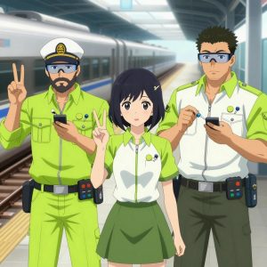 An anime scene showing 3 characters. 1. a male anime character with a stocky, strong build, short undercut hair, full beard, wearing a neatly buttoned work jacket with a full zip front and rolled sleeves, a utility belt with a small battery pack that connects to his eyeglasses, flat chest with no breasts 2. a female anime character with a slim build, delicate face, no facial hair, short wavy hair with a hair pin 3. a male anime character with a broader, muscular build, short spiky hair, light stubble, wearing a neatly buttoned work shirt with epaulets and a zipped front, a utility belt with a small battery pack that connects to his eyeglasses, flat chest with no breasts All characters wear fresh lime and white fishing trawler crew with a future career aesthetic. Each character wears two small lapel pins β one showing a tiny lime wedge showing the green rind and pale flesh and one showing a tiny silver thumbtack with a colored head (red, blue, or yellow). Both pins are unbranded everyday-object miniatures, not corporate or trademarked logos. One character wears a captain's hat. One character has safety goggles with AR overlay lenses. Character #3 making a peace sign β index and middle fingers extended in a V, clearly visible, hands large and clearly visible in the foreground. Only one character gestures β the others focus on their tasks without gesturing or pointing. Characters speak to devices, check readings, touch their own fingertips together to transmit data, and wear AR glasses. No character touches a keyboard or looks at a screen. No character waves at the camera. No character faces the viewer directly. The team is treating a literal telescope in a high-speed rail platform with a train arriving in a blur of silver. Exactly 3 characters in this scene β no more, no fewer. One monitors vital signs on equipment, checking readings regularly. One carefully cleans and dresses a wound using sterile supplies. One administers medicine with a precise dose, watching for reactions. No male character wears a skirt, kilt, or apron over pants or formal shirts. Exactly 3 characters total. The image must contain precisely 3 characters.NO TEXT anywhere in this image β no speech bubbles, no word bubbles, no labels, no signs, no writing of any kind. Anime style, vibrant colors, clean composition, cinematic lighting.