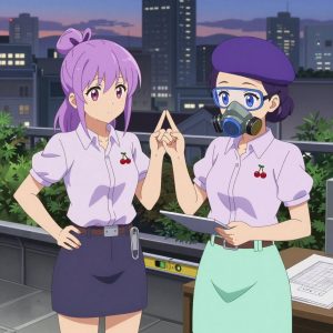 An anime scene showing 2 characters. 1. a female anime character with a small build, round face, no facial hair, hair in a high ponytail with a bow 2. a female anime character with a small build, no facial hair, hair in a bun with a decorative pin, wearing a skirt All characters wear light lavender and mint engineering team with a summer sadness aesthetic. Each character wears two small lapel pins β one showing a pair of tiny red cherries joined by a slim green stem and one showing a tiny silver safety pin closed into a loop. Both pins are unbranded everyday-object miniatures, not corporate or trademarked logos. One character wears a beret. One character has compact filtration mask clipped to the belt. Only one character gestures β the others focus on their tasks without gesturing or pointing. Characters speak to devices, check readings, touch their own fingertips together to transmit data, and wear AR glasses. No character touches a keyboard or looks at a screen. No character waves at the camera. No character faces the viewer directly. The team is building a literal amphitheater in a bustling urban rooftop garden with city skyline at dusk. Exactly 2 characters in this scene β no more, no fewer. One checks alignment and level before securing each joint. One cuts material to exact measurements, double-checking against the plan. No male character wears a skirt, kilt, or apron over pants or formal shirts. Exactly 2 characters total. The image must contain precisely 2 characters.NO TEXT anywhere in this image β no speech bubbles, no word bubbles, no labels, no signs, no writing of any kind. Anime style, vibrant colors, clean composition, cinematic lighting.