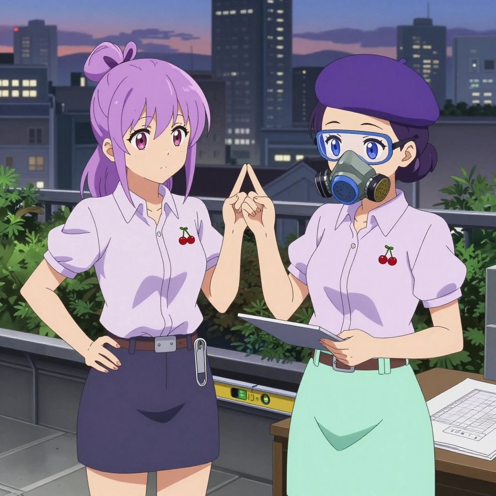 An anime scene showing 2 characters. 1. a female anime character with a small build, round face, no facial hair, hair in a high ponytail with a bow 2. a female anime character with a small build, no facial hair, hair in a bun with a decorative pin, wearing a skirt All characters wear light lavender and mint engineering team with a summer sadness aesthetic. Each character wears two small lapel pins — one showing a pair of tiny red cherries joined by a slim green stem and one showing a tiny silver safety pin closed into a loop. Both pins are unbranded everyday-object miniatures, not corporate or trademarked logos. One character wears a beret. One character has compact filtration mask clipped to the belt. Only one character gestures — the others focus on their tasks without gesturing or pointing. Characters speak to devices, check readings, touch their own fingertips together to transmit data, and wear AR glasses. No character touches a keyboard or looks at a screen. No character waves at the camera. No character faces the viewer directly. The team is building a literal amphitheater in a bustling urban rooftop garden with city skyline at dusk. Exactly 2 characters in this scene — no more, no fewer. One checks alignment and level before securing each joint. One cuts material to exact measurements, double-checking against the plan. No male character wears a skirt, kilt, or apron over pants or formal shirts. Exactly 2 characters total. The image must contain precisely 2 characters.NO TEXT anywhere in this image — no speech bubbles, no word bubbles, no labels, no signs, no writing of any kind. Anime style, vibrant colors, clean composition, cinematic lighting.