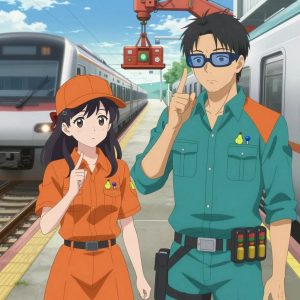 An anime scene showing 2 characters. 1. a female anime character with a petite build, cute face, no facial hair, long hair with a bow hair accessory 2. a male anime character with a taller, athletic build, short hair, subtle facial hair, wearing a neatly buttoned-up collared shirt with sleeves rolled to the elbows, a utility belt with a small battery pack that connects to his eyeglasses, flat chest with no breasts All characters wear teal and burnt orange maintenance crew with a sad day aesthetic. Each character wears two small lapel pins β one showing a tiny green pear with a brown stem and one showing a tiny silver thumbtack with a colored head (red, blue, or yellow). Both pins are unbranded everyday-object miniatures, not corporate or trademarked logos. One character wears a baseball cap. One character has cooling vest worn under the uniform. Only one character gestures β the others focus on their tasks without gesturing or pointing. Characters speak to devices, check readings, touch their own fingertips together to transmit data, and wear AR glasses. No character touches a keyboard or looks at a screen. No character waves at the camera. No character faces the viewer directly. The team is operating a literal coastguard in a high-speed rail platform with a train arriving in a blur of silver. Exactly 2 characters in this scene β no more, no fewer. One controls a crane or lift, moving materials with precision and care. One drives a vehicle steadily along a route, eyes on the road or path. No male character wears a skirt, kilt, or apron over pants or formal shirts. Exactly 2 characters total. The image must contain precisely 2 characters.NO TEXT anywhere in this image β no speech bubbles, no word bubbles, no labels, no signs, no writing of any kind. Anime style, vibrant colors, clean composition, cinematic lighting.