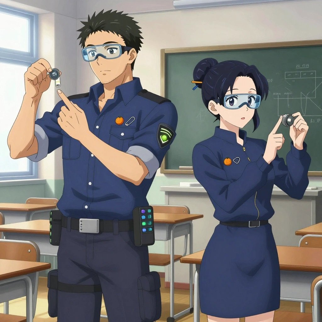 An anime scene showing 2 characters. 1. a male anime character with a taller, athletic build, short hair, subtle facial hair, wearing a neatly buttoned-up collared shirt with sleeves rolled to the elbows, a utility belt with a small battery pack that connects to his eyeglasses, flat chest with no breasts 2. a female anime character with a small build, no facial hair, hair in a bun with a decorative pin, wearing a skirt All characters wear cool blue and silver hazardous disposal team with a modern royalty aesthetic. Each character wears two small lapel pins — one showing a tiny round tangerine with a small dimpled peel texture and one showing a tiny silver safety pin closed into a loop. Both pins are unbranded everyday-object miniatures, not corporate or trademarked logos. One character wears a hoodie. One character has signal reflector patch on the shoulder. Only one character gestures — the others focus on their tasks without gesturing or pointing. Characters speak to devices, check readings, touch their own fingertips together to transmit data, and wear AR glasses. No character touches a keyboard or looks at a screen. No character waves at the camera. No character faces the viewer directly. The team is measuring a literal observatory in a sunny classroom with desks and a chalkboard covered in diagrams. Exactly 2 characters in this scene — no more, no fewer. One weighs or measures a sample, handling it carefully to avoid contamination. One monitors a readout while adjusting a dial, watching for the target value. No male character wears a skirt, kilt, or apron over pants or formal shirts. Exactly 2 characters total. The image must contain precisely 2 characters.NO TEXT anywhere in this image — no speech bubbles, no word bubbles, no labels, no signs, no writing of any kind. Anime style, vibrant colors, clean composition, cinematic lighting.