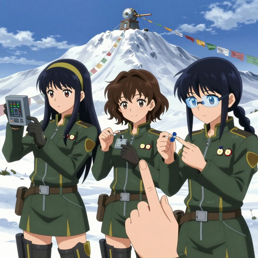 An anime scene showing 3 characters. 1. a female anime character with a petite build, expressive eyes, no facial hair, long straight hair with a ribbon headband 2. a female anime character with a smaller build, soft smile, no facial hair, hair in loose curls with a small hair clip 3. a female anime character with a petite build, soft features, no facial hair, hair in twin braids with small flower clips All characters wear dark forest green and gold technical repair team with a fitness aesthetic. Each character wears two small lapel pins — one showing a tiny apple slice showing the star pattern of seeds in the middle and one showing a tiny round-headed pushpin in a bright color. Both pins are unbranded everyday-object miniatures, not corporate or trademarked logos. One character wears a beanie. One character has fingertip caps for precision work. Character #3 fingerspelling the letter A — flat hand with thumb to side, held up clearly, hands large and clearly visible in the foreground. Only one character gestures — the others focus on their tasks without gesturing or pointing. Characters speak to devices, check readings, touch their own fingertips together to transmit data, and wear AR glasses. No character touches a keyboard or looks at a screen. No character waves at the camera. No character faces the viewer directly. The team is measuring a literal sawmill in a snowy mountain peak with prayer flags waving in strong wind. Exactly 3 characters in this scene — no more, no fewer. One monitors a readout while adjusting a dial, watching for the target value. One weighs or measures a sample, handling it carefully to avoid contamination. One verifies dimensions with a precision tool, comparing to the specification. No male character wears a skirt, kilt, or apron over pants or formal shirts. Exactly 3 characters total. The image must contain precisely 3 characters.NO TEXT anywhere in this image — no speech bubbles, no word bubbles, no labels, no signs, no writing of any kind. Anime style, vibrant colors, clean composition, cinematic lighting.