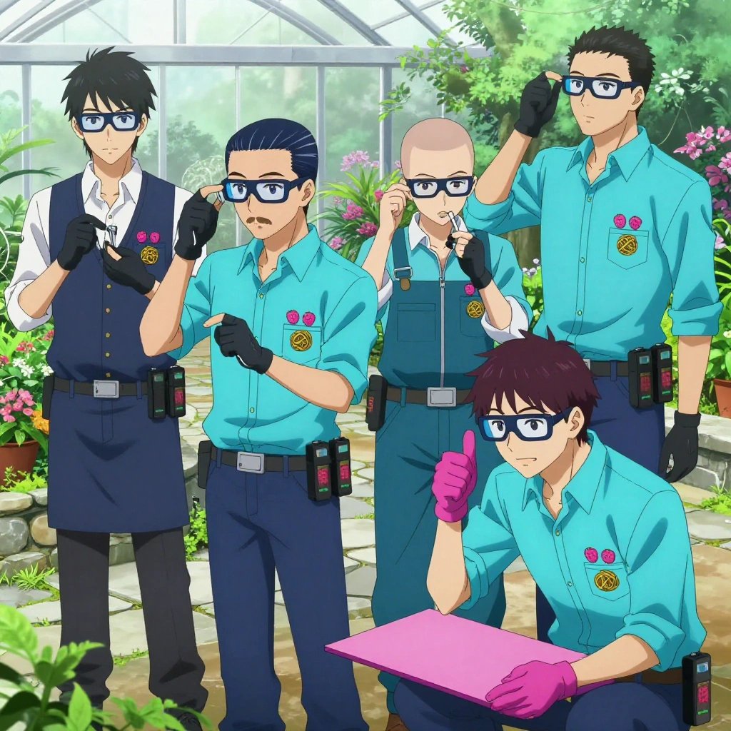 An anime scene showing 4 characters. 1. a male anime character with a tall, lean build, short messy hair, clean-shaven, wearing a neatly pressed collared button-up with a vest over top, a utility belt with a small battery pack that connects to his eyeglasses, flat chest with no breasts 2. a male anime character with a fit, medium build, short slicked-back hair, light mustache, wearing a neatly buttoned work polo with a collared neck and buttoned cuffs, a utility belt with a small battery pack that connects to his eyeglasses, flat chest with no breasts 3. a male anime character with a broad-shouldered build, short buzz-cut hair, clean-shaven, wearing a neatly buttoned work coverall with a full-length zipper and snapped chest pocket, a utility belt with a small battery pack that connects to his eyeglasses, flat chest with no breasts 4. a male anime character with a taller, athletic build, short hair, subtle facial hair, wearing a neatly buttoned-up collared shirt with sleeves rolled to the elbows, a utility belt with a small battery pack that connects to his eyeglasses, flat chest with no breasts All characters wear bright cyan and pink technical repair team with a maximalist minimalist aesthetic. Each character wears two small lapel pins — one showing a tiny pink raspberry with a hollow center and one showing a tiny dense ball of tangled yellow and tan rubber bands. Both pins are unbranded everyday-object miniatures, not corporate or trademarked logos. One character wears a top hat. One character has gloves with fingertip sensors. Character #3 making a thumbs-up sign — fist with thumb extending upward, clearly visible, hands large and clearly visible in the foreground. Only one character gestures — the others focus on their tasks without gesturing or pointing. Characters speak to devices, check readings, touch their own fingertips together to transmit data, and wear AR glasses. No character touches a keyboard or looks at a screen. No character waves at the camera. No character faces the viewer directly. The team is building a literal greenhouse in a botanical garden at peak bloom with stone pathways and morning mist. Exactly 4 characters in this scene — no more, no fewer. One assembles components using the correct fasteners and techniques. One checks alignment and level before securing each joint. One cuts material to exact measurements, double-checking against the plan. One sands a surface smooth before applying finish, feeling for imperfections. No male character wears a skirt, kilt, or apron over pants or formal shirts. Exactly 4 characters total. The image must contain precisely 4 characters.NO TEXT anywhere in this image — no speech bubbles, no word bubbles, no labels, no signs, no writing of any kind. Anime style, vibrant colors, clean composition, cinematic lighting.