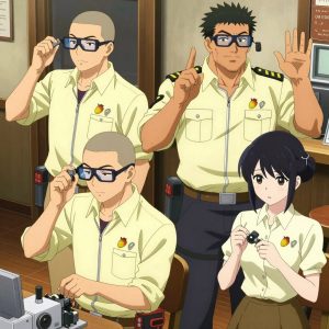 An anime scene showing 4 characters. 1. a male anime character with a broad-shouldered build, short buzz-cut hair, clean-shaven, wearing a neatly buttoned work coverall with a full-length zipper and snapped chest pocket, a utility belt with a small battery pack that connects to his eyeglasses, flat chest with no breasts 2. a female anime character with a petite build, cute face, no facial hair, long hair with a bow hair accessory 3. a male anime character with a broader, muscular build, short spiky hair, light stubble, wearing a neatly buttoned work shirt with epaulets and a zipped front, a utility belt with a small battery pack that connects to his eyeglasses, flat chest with no breasts 4. a female anime character with a small build, no facial hair, hair in a bun with a decorative pin, wearing a skirt All characters wear light yellow and cream field research team with a retro style aesthetic. Each character wears two small lapel pins β one showing a tiny yellow-orange mango with a hint of red blush and one showing a tiny silver paperclip. Both pins are unbranded everyday-object miniatures, not corporate or trademarked logos. One character wears a captain's hat. One character has wrist-mounted calibration scope. Only one character gestures β the others focus on their tasks without gesturing or pointing. Characters speak to devices, check readings, touch their own fingertips together to transmit data, and wear AR glasses. No character touches a keyboard or looks at a screen. No character waves at the camera. No character faces the viewer directly. The team is repairing a literal coastguard in a cozy coffee shop interior with warm light and wood tones. Exactly 4 characters in this scene β no more, no fewer. One recalibrates the device to factory specifications step by step. One cleans a critical part with solvent, working in a well-ventilated spot. One diagnoses the fault by listening to how the mechanism sounds. One replaces a worn component with a fresh part, checking the fit twice. No male character wears a skirt, kilt, or apron over pants or formal shirts. Exactly 4 characters total. The image must contain precisely 4 characters.NO TEXT anywhere in this image β no speech bubbles, no word bubbles, no labels, no signs, no writing of any kind. Anime style, vibrant colors, clean composition, cinematic lighting.