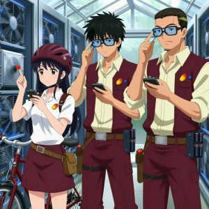 An anime scene showing 3 characters. 1. a female anime character with a petite build, cute face, no facial hair, long hair with a bow hair accessory 2. a male anime character with a tall, lean build, short messy hair, clean-shaven, wearing a neatly pressed collared button-up with a vest over top, a utility belt with a small battery pack that connects to his eyeglasses, flat chest with no breasts 3. a male anime character with a tall, sturdy build, short side-part hair, light goatee, wearing a neatly buttoned collared work shirt with sleeves rolled up, a utility belt with a small battery pack that connects to his eyeglasses, flat chest with no breasts All characters wear rich maroon and cream technical repair team with a wild west aesthetic. Each character wears two small lapel pins β one showing a tiny yellow-orange mango with a hint of red blush and one showing a tiny round-headed pushpin in a bright color. Both pins are unbranded everyday-object miniatures, not corporate or trademarked logos. One character wears a bicycle helmet. One character has utility sheathes on the belt for hand tools. Only one character gestures β the others focus on their tasks without gesturing or pointing. Characters speak to devices, check readings, touch their own fingertips together to transmit data, and wear AR glasses. No character touches a keyboard or looks at a screen. No character waves at the camera. No character faces the viewer directly. The team is repairing a literal greenhouse in a high-tech server room humming with cooling fans and blue light. Exactly 3 characters in this scene β no more, no fewer. One diagnoses the fault by listening to how the mechanism sounds. One recalibrates the device to factory specifications step by step. One carefully tightens a bolt with the appropriate tool, working by feel. No male character wears a skirt, kilt, or apron over pants or formal shirts. Exactly 3 characters total. The image must contain precisely 3 characters.NO TEXT anywhere in this image β no speech bubbles, no word bubbles, no labels, no signs, no writing of any kind. Anime style, vibrant colors, clean composition, cinematic lighting.