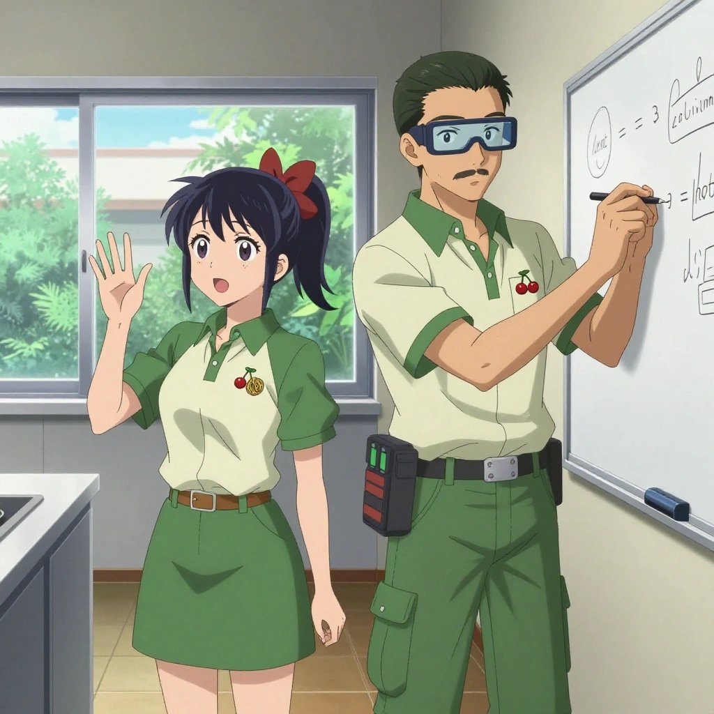 An anime scene showing 2 characters. 1. a female anime character with a small build, round face, no facial hair, hair in a high ponytail with a bow 2. a male anime character with a fit, medium build, short slicked-back hair, light mustache, wearing a neatly buttoned work polo with a collared neck and buttoned cuffs, a utility belt with a small battery pack that connects to his eyeglasses, flat chest with no breasts All characters wear sage green and cream hazardous disposal team with a selfcare sunday aesthetic. Each character wears two small lapel pins — one showing a pair of tiny red cherries joined by a slim green stem and one showing a tiny dense ball of tangled yellow and tan rubber bands. Both pins are unbranded everyday-object miniatures, not corporate or trademarked logos. One character wears a fedora. One character has calibrated ankle strap for terrain mapping. Only one character gestures — the others focus on their tasks without gesturing or pointing. Characters speak to devices, check readings, touch their own fingertips together to transmit data, and wear AR glasses. No character touches a keyboard or looks at a screen. No character waves at the camera. No character faces the viewer directly. The team is teaching a literal hydroplant in a sleek modern kitchen with large windows opening onto a garden. Exactly 2 characters in this scene — no more, no fewer. One writes key concepts on a whiteboard while explaining the reasoning. One demonstrates a technique with patience, making sure the learner follows each step. No male character wears a skirt, kilt, or apron over pants or formal shirts. Exactly 2 characters total. The image must contain precisely 2 characters.NO TEXT anywhere in this image — no speech bubbles, no word bubbles, no labels, no signs, no writing of any kind. Anime style, vibrant colors, clean composition, cinematic lighting.
