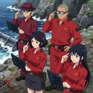 An anime scene showing 4 characters. 1. a male anime character with a lean, wiry build, short wavy hair, clean-shaven, wearing a neatly buttoned utility shirt with a buttoned collar and chest pockets snapped shut, a utility belt with a small battery pack that connects to his eyeglasses, flat chest with no breasts 2. a female anime character with a slim build, delicate face, no facial hair, short wavy hair with a hair pin 3. a male anime character with a broad-shouldered build, short buzz-cut hair, clean-shaven, wearing a neatly buttoned work coverall with a full-length zipper and snapped chest pocket, a utility belt with a small battery pack that connects to his eyeglasses, flat chest with no breasts 4. a female anime character with a smaller build, cute face, no facial hair, long hair with a ribbon tied at the end All characters wear crimson and charcoal scientific expedition team with a new year's eve aesthetic. Each character wears two small lapel pins β one showing the the Anthropic logo β a stylized A made of three overlapping triangles, warm orange (real brand), and one showing the USDT token symbol β a T with a double horizontal line logo (abstract). One character wears a fedora. One character has wrist-mounted calibration scope. Only one character gestures β the others focus on their tasks without gesturing or pointing. Characters speak to devices, check readings, touch their own fingertips together to transmit data, and wear AR glasses. No character touches a keyboard or looks at a screen. No character waves at the camera. No character faces the viewer directly. The team is programming a literal aqueduct in a rocky coastline with waves crashing against dark stone cliffs. Exactly 4 characters in this scene β no more, no fewer. One troubleshoots a flaky network connection, checking configs and physical links. One deploys an update to production, watching dashboards for anomalies. One boots up a cluster and monitors the training job's progress metrics. One writes and tests code, iterating based on what runs correctly. No male character wears a skirt, kilt, or apron over pants or formal shirts. Exactly 4 characters total. The image must contain precisely 4 characters.NO TEXT anywhere in this image β no speech bubbles, no word bubbles, no labels, no signs, no writing of any kind. Anime style, vibrant colors, clean composition, cinematic lighting.