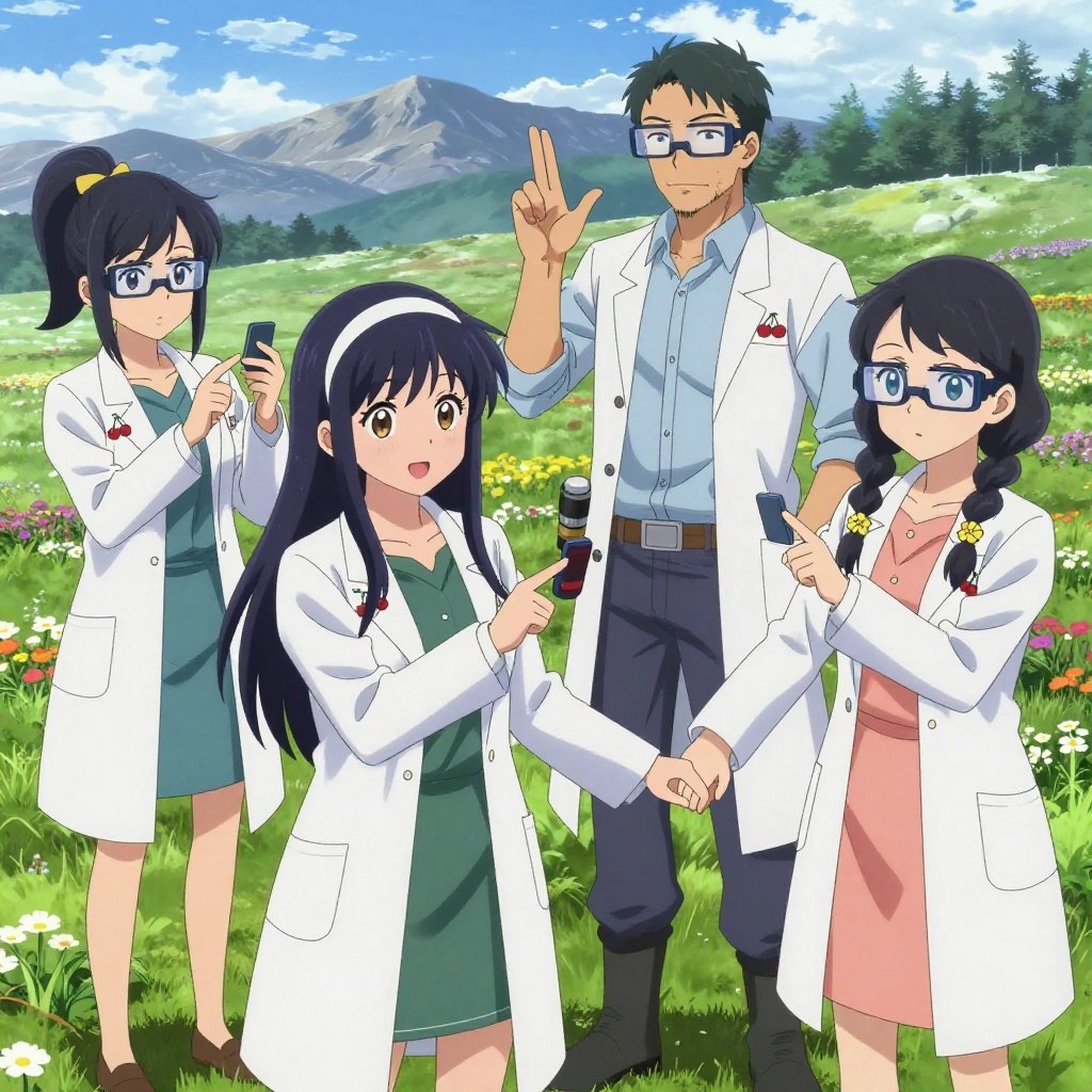 An anime scene showing 4 characters. 1. a female anime character with a small build, round face, no facial hair, hair in a high ponytail with a bow 2. a female anime character with a petite build, expressive eyes, no facial hair, long straight hair with a ribbon headband 3. a male anime character with a tall, sturdy build, short side-part hair, light goatee, wearing a neatly buttoned collared work shirt with sleeves rolled up, a utility belt with a small battery pack that connects to his eyeglasses, flat chest with no breasts 4. a female anime character with a petite build, soft features, no facial hair, hair in twin braids with small flower clips All characters wear soft blue and peach medical team (white lab coats) with a renaissance aesthetic. Each character wears two small lapel pins — one showing a pair of tiny red cherries joined by a slim green stem and one showing a tiny silver hex bolt. Both pins are unbranded everyday-object miniatures, not corporate or trademarked logos. One character wears a captain's hat. One character has compact filtration mask clipped to the belt. Character #3 making a shaka sign — thumb and pinky extended, handshake gesture, clearly visible, hands large and clearly visible in the foreground. Only one character gestures — the others focus on their tasks without gesturing or pointing. Characters speak to devices, check readings, touch their own fingertips together to transmit data, and wear AR glasses. No character touches a keyboard or looks at a screen. No character waves at the camera. No character faces the viewer directly. The team is practicing a literal space station in a high alpine meadow in full summer bloom with mountain peaks beyond. Exactly 4 characters in this scene — no more, no fewer. One performs with genuine expression, letting the music carry the emotion. One trains hard on a course, learning from each previous attempt. One coaches a teammate on technique with constructive pointers. One practices a difficult passage with full concentration, building muscle memory. No male character wears a skirt, kilt, or apron over pants or formal shirts. Exactly 4 characters total. The image must contain precisely 4 characters.NO TEXT anywhere in this image — no speech bubbles, no word bubbles, no labels, no signs, no writing of any kind. Anime style, vibrant colors, clean composition, cinematic lighting.