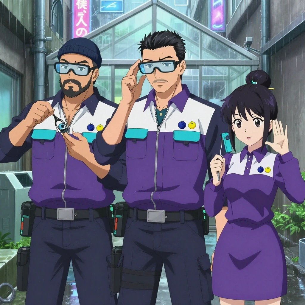 An anime scene showing 3 characters. 1. a male anime character with a stocky, strong build, short undercut hair, full beard, wearing a neatly buttoned work jacket with a full zip front and rolled sleeves, a utility belt with a small battery pack that connects to his eyeglasses, flat chest with no breasts 2. a male anime character with a fit, medium build, short slicked-back hair, light mustache, wearing a neatly buttoned work polo with a collared neck and buttoned cuffs, a utility belt with a small battery pack that connects to his eyeglasses, flat chest with no breasts 3. a female anime character with a small build, no facial hair, hair in a bun with a decorative pin, wearing a skirt All characters wear electric purple and cyan hazardous disposal team with a black and white aesthetic. Each character wears two small lapel pins — one showing a tiny dark blue blueberry with a slight dusty bloom and one showing a tiny round-headed pushpin in a bright color. Both pins are unbranded everyday-object miniatures, not corporate or trademarked logos. One character wears a beanie. One character has compact filtration mask clipped to the belt. Character #3 making the call me sign — thumb and pinky extended, moving hand toward ear and back out, clearly visible, hands large and clearly visible in the foreground. Only one character gestures — the others focus on their tasks without gesturing or pointing. Characters speak to devices, check readings, touch their own fingertips together to transmit data, and wear AR glasses. No character touches a keyboard or looks at a screen. No character waves at the camera. No character faces the viewer directly. The team is repairing a literal greenhouse in a rain-soaked city alley with neon signs reflecting in puddles. Exactly 3 characters in this scene — no more, no fewer. One replaces a worn component with a fresh part, checking the fit twice. One diagnoses the fault by listening to how the mechanism sounds. One carefully tightens a bolt with the appropriate tool, working by feel. No male character wears a skirt, kilt, or apron over pants or formal shirts. Exactly 3 characters total. The image must contain precisely 3 characters.NO TEXT anywhere in this image — no speech bubbles, no word bubbles, no labels, no signs, no writing of any kind. Anime style, vibrant colors, clean composition, cinematic lighting.