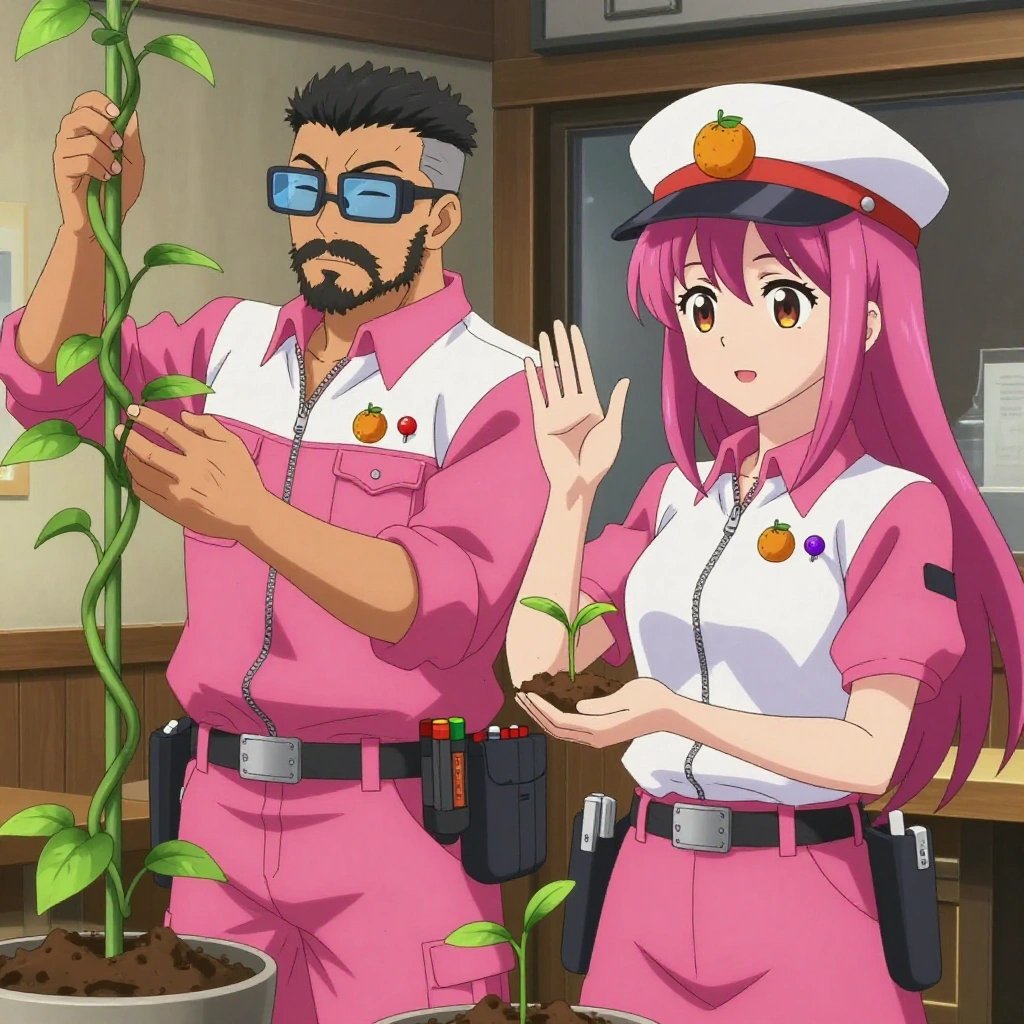 An anime scene showing 2 characters. 1. a male anime character with a stocky, strong build, short undercut hair, full beard, wearing a neatly buttoned work jacket with a full zip front and rolled sleeves, a utility belt with a small battery pack that connects to his eyeglasses, flat chest with no breasts 2. a female anime character with a petite build, expressive eyes, no facial hair, long straight hair with a ribbon headband All characters wear bright pink and white technical repair team with a sweetheart aesthetic. Each character wears two small lapel pins — one showing a tiny round tangerine with a small dimpled peel texture and one showing a tiny round-headed pushpin in a bright color. Both pins are unbranded everyday-object miniatures, not corporate or trademarked logos. One character wears a captain's hat. One character has utility sheathes on the belt for hand tools. Only one character gestures — the others focus on their tasks without gesturing or pointing. Characters speak to devices, check readings, touch their own fingertips together to transmit data, and wear AR glasses. No character touches a keyboard or looks at a screen. No character waves at the camera. No character faces the viewer directly. The team is cultivating a literal lighthouse in a cozy coffee shop interior with warm light and wood tones. Exactly 2 characters in this scene — no more, no fewer. One trellises a climbing plant, guiding it along a support with gentle care. One waters a young seedling by hand, checking soil moisture first. No male character wears a skirt, kilt, or apron over pants or formal shirts. Exactly 2 characters total. The image must contain precisely 2 characters.NO TEXT anywhere in this image — no speech bubbles, no word bubbles, no labels, no signs, no writing of any kind. Anime style, vibrant colors, clean composition, cinematic lighting.