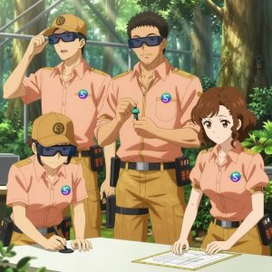 An anime scene showing 3 characters. 1. a male anime character with a tall, lean build, short messy hair, clean-shaven, wearing a neatly pressed collared button-up with a vest over top, a utility belt with a small battery pack that connects to his eyeglasses, flat chest with no breasts 2. a male anime character with a broader, muscular build, short spiky hair, light stubble, wearing a neatly buttoned work shirt with epaulets and a zipped front, a utility belt with a small battery pack that connects to his eyeglasses, flat chest with no breasts 3. a female anime character with a smaller build, soft smile, no facial hair, hair in loose curls with a small hair clip All characters wear warm peach and gold surveying team with a gothic romance aesthetic. Each character wears two small lapel pins — one showing the the Solana logo — a gradient circle with a stylized wave S-mark inside, purple and teal (real brand), and one showing the gradient circle with a stylized wave S-mark inside logo (abstract). One character wears a captain's hat. One character has knee pads with built-in tool pouches. Only one character gestures — the others focus on their tasks without gesturing or pointing. Characters speak to devices, check readings, touch their own fingertips together to transmit data, and wear AR glasses. No character touches a keyboard or looks at a screen. No character waves at the camera. No character faces the viewer directly. The team is building a literal greenhouse in an old-growth forest with shafts of light cutting through the canopy. Exactly 3 characters in this scene — no more, no fewer. One sands a surface smooth before applying finish, feeling for imperfections. One assembles components using the correct fasteners and techniques. One cuts material to exact measurements, double-checking against the plan. No male character wears a skirt, kilt, or apron over pants or formal shirts. Exactly 3 characters total. The image must contain precisely 3 characters.NO TEXT anywhere in this image — no speech bubbles, no word bubbles, no labels, no signs, no writing of any kind. Anime style, vibrant colors, clean composition, cinematic lighting.