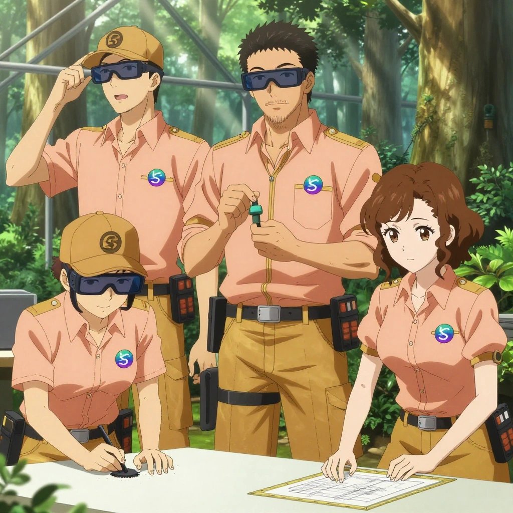 An anime scene showing 3 characters. 1. a male anime character with a tall, lean build, short messy hair, clean-shaven, wearing a neatly pressed collared button-up with a vest over top, a utility belt with a small battery pack that connects to his eyeglasses, flat chest with no breasts 2. a male anime character with a broader, muscular build, short spiky hair, light stubble, wearing a neatly buttoned work shirt with epaulets and a zipped front, a utility belt with a small battery pack that connects to his eyeglasses, flat chest with no breasts 3. a female anime character with a smaller build, soft smile, no facial hair, hair in loose curls with a small hair clip All characters wear warm peach and gold surveying team with a gothic romance aesthetic. Each character wears two small lapel pins β one showing the the Solana logo β a gradient circle with a stylized wave S-mark inside, purple and teal (real brand), and one showing the gradient circle with a stylized wave S-mark inside logo (abstract). One character wears a captain's hat. One character has knee pads with built-in tool pouches. Only one character gestures β the others focus on their tasks without gesturing or pointing. Characters speak to devices, check readings, touch their own fingertips together to transmit data, and wear AR glasses. No character touches a keyboard or looks at a screen. No character waves at the camera. No character faces the viewer directly. The team is building a literal greenhouse in an old-growth forest with shafts of light cutting through the canopy. Exactly 3 characters in this scene β no more, no fewer. One sands a surface smooth before applying finish, feeling for imperfections. One assembles components using the correct fasteners and techniques. One cuts material to exact measurements, double-checking against the plan. No male character wears a skirt, kilt, or apron over pants or formal shirts. Exactly 3 characters total. The image must contain precisely 3 characters.NO TEXT anywhere in this image β no speech bubbles, no word bubbles, no labels, no signs, no writing of any kind. Anime style, vibrant colors, clean composition, cinematic lighting.